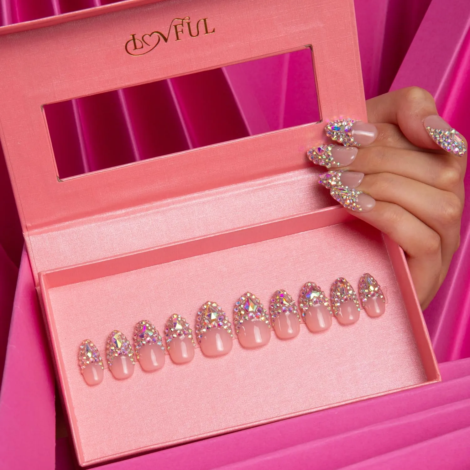Press on Nails Angel's Tear Rhinestone | Handmade with Full Covered Crystals | Reusable Fake Nails | Almond Regular 1.0 in | H48-M