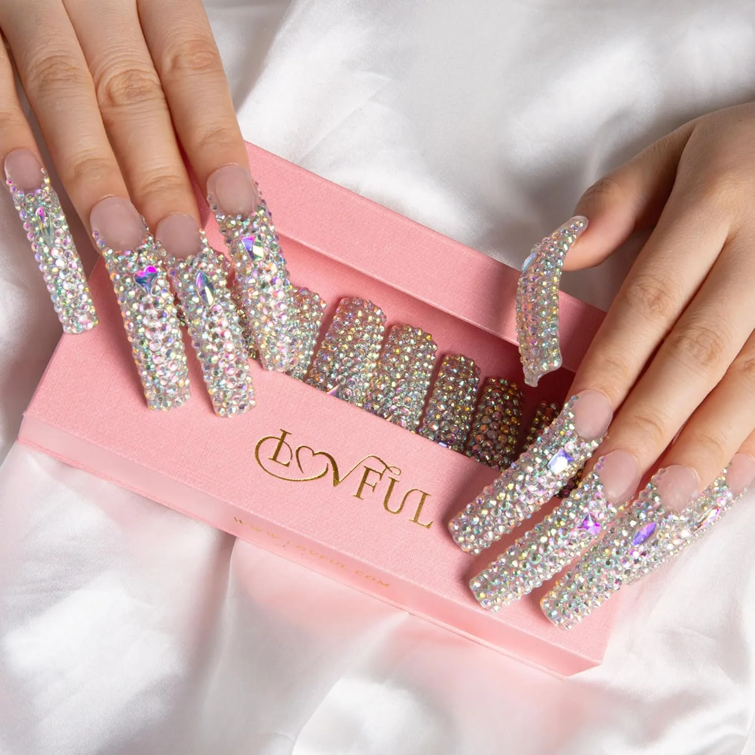 Press on Nails Angel's Tear Rhinestone | Handmade with Full Covered Crystals | Reusable Full Cover Nails | Curve Long 2.2 in | H48-S