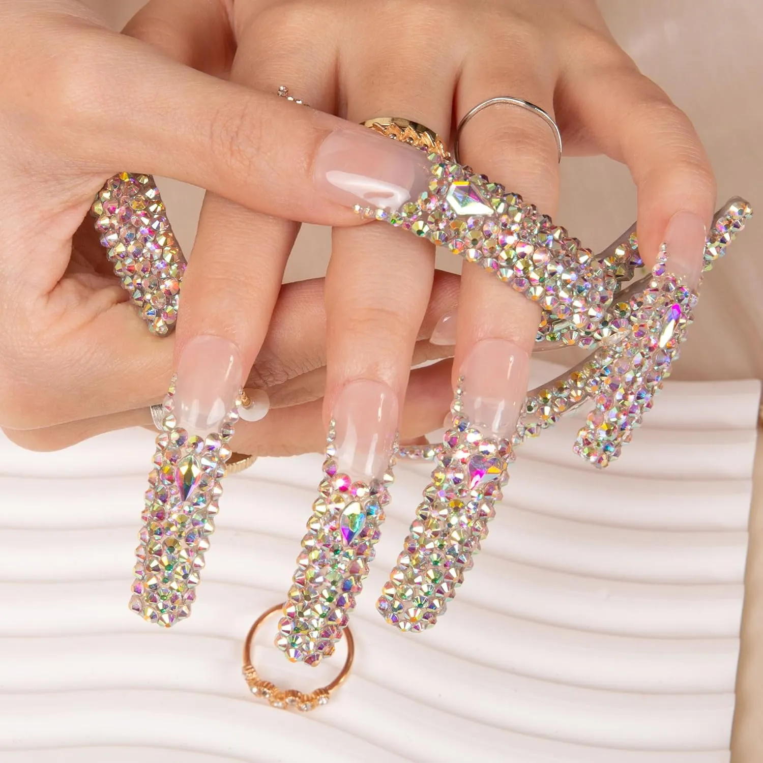 Press on Nails Angel's Tear Rhinestone | Handmade with Full Covered Crystals | Reusable Full Cover Nails | Curve Long 2.2 in | H48-S