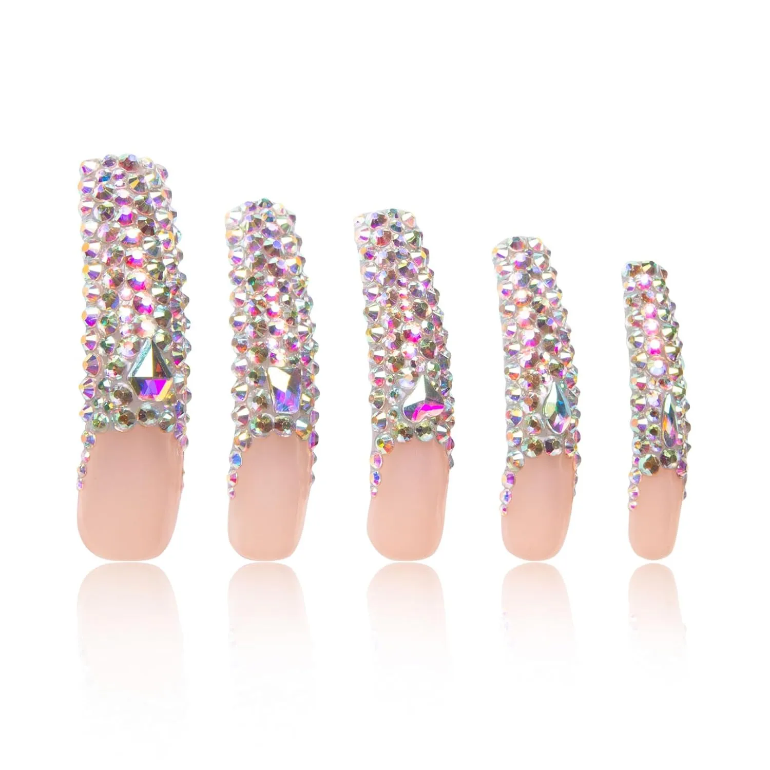 Press on Nails Angel's Tear Rhinestone | Handmade with Full Covered Crystals | Reusable Full Cover Nails | Curve Long 2.2 in | H48-S