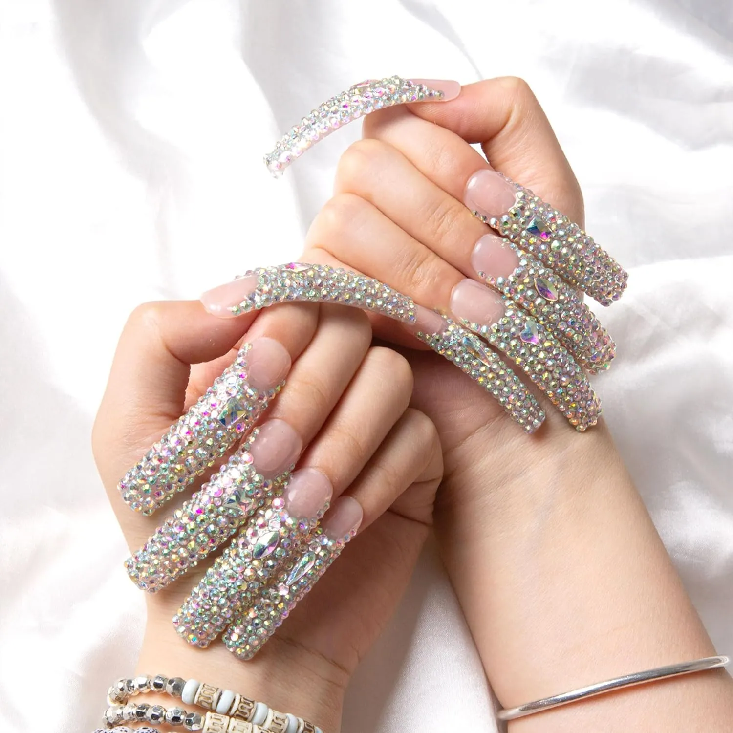 Press on Nails Angel's Tear Rhinestone | Handmade with Full Covered Crystals | Reusable Full Cover Nails | Curve Long 2.2 in | H48-S