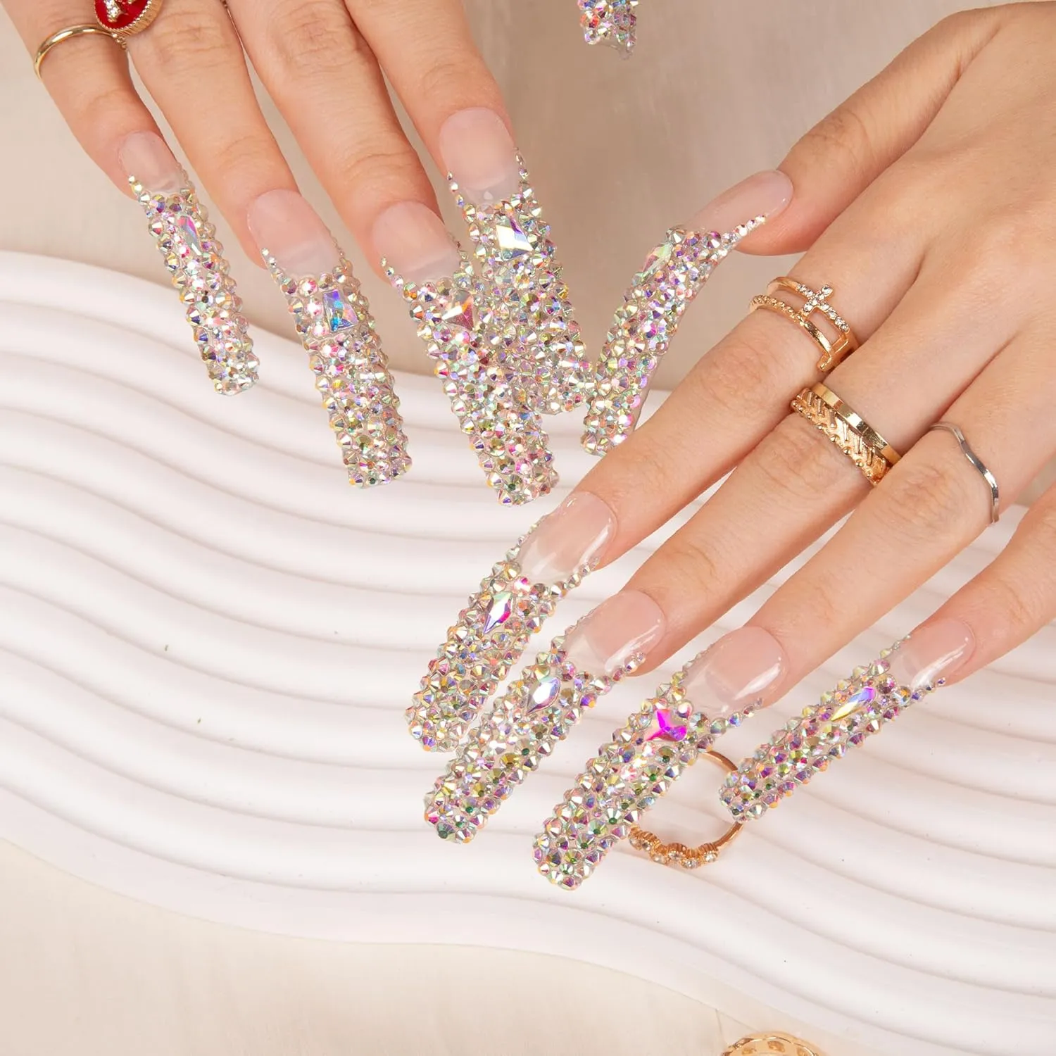 Press on Nails Angel's Tear Rhinestone | Handmade with Full Covered Crystals | Reusable Full Cover Nails | Curve Long 2.2 in | H48-S