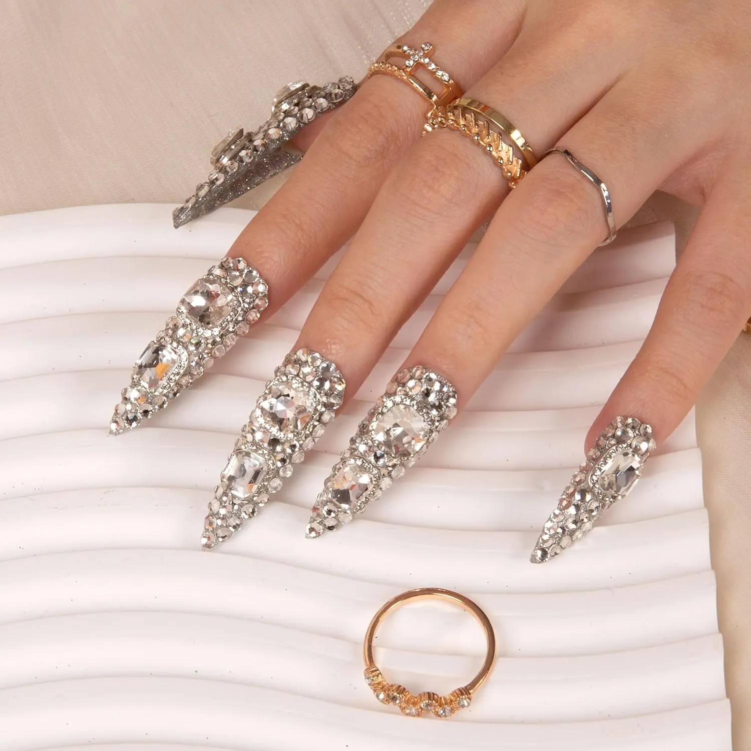 Press on Nails Silver Majesty | Handmade with Full Covered Crystals | Reusable Full Cover Nails | Stiletto Mid Length 1.7 in | H212-M