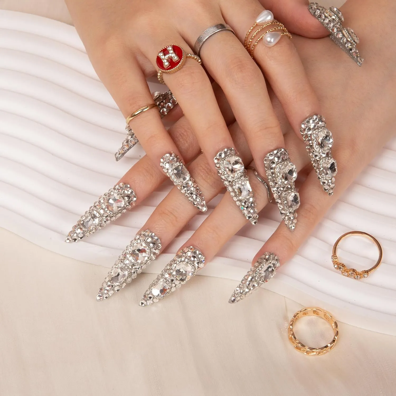 Press on Nails Silver Majesty | Handmade with Full Covered Crystals | Reusable Full Cover Nails | Stiletto Mid Length 1.7 in | H212-M