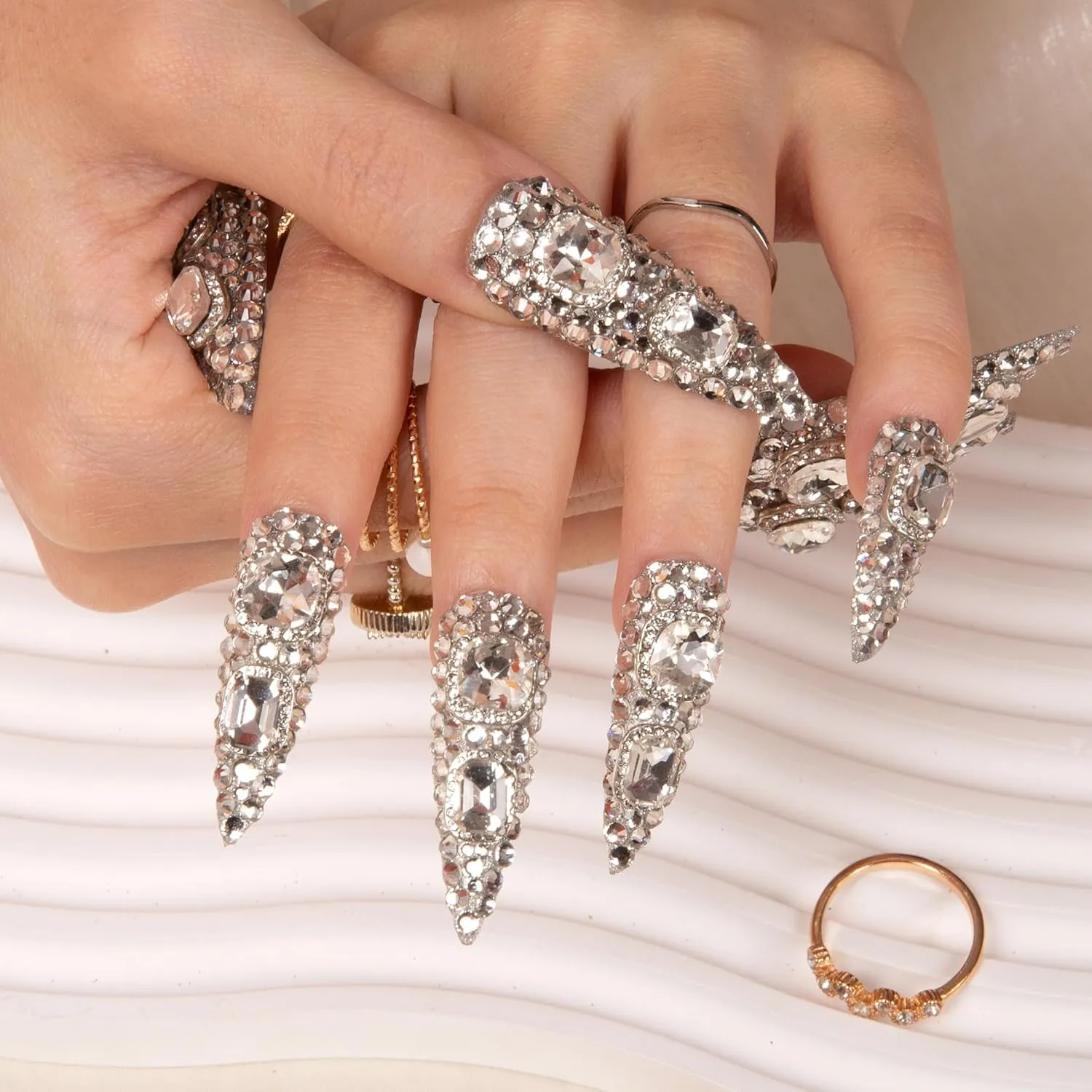 Press on Nails Silver Majesty | Handmade with Full Covered Crystals | Reusable Full Cover Nails | Stiletto Mid Length 1.7 in | H212-M