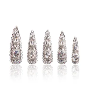 Press on Nails Silver Majesty | Handmade with Full Covered Crystals | Reusable Full Cover Nails | Stiletto Mid Length 1.7 in | H212-M