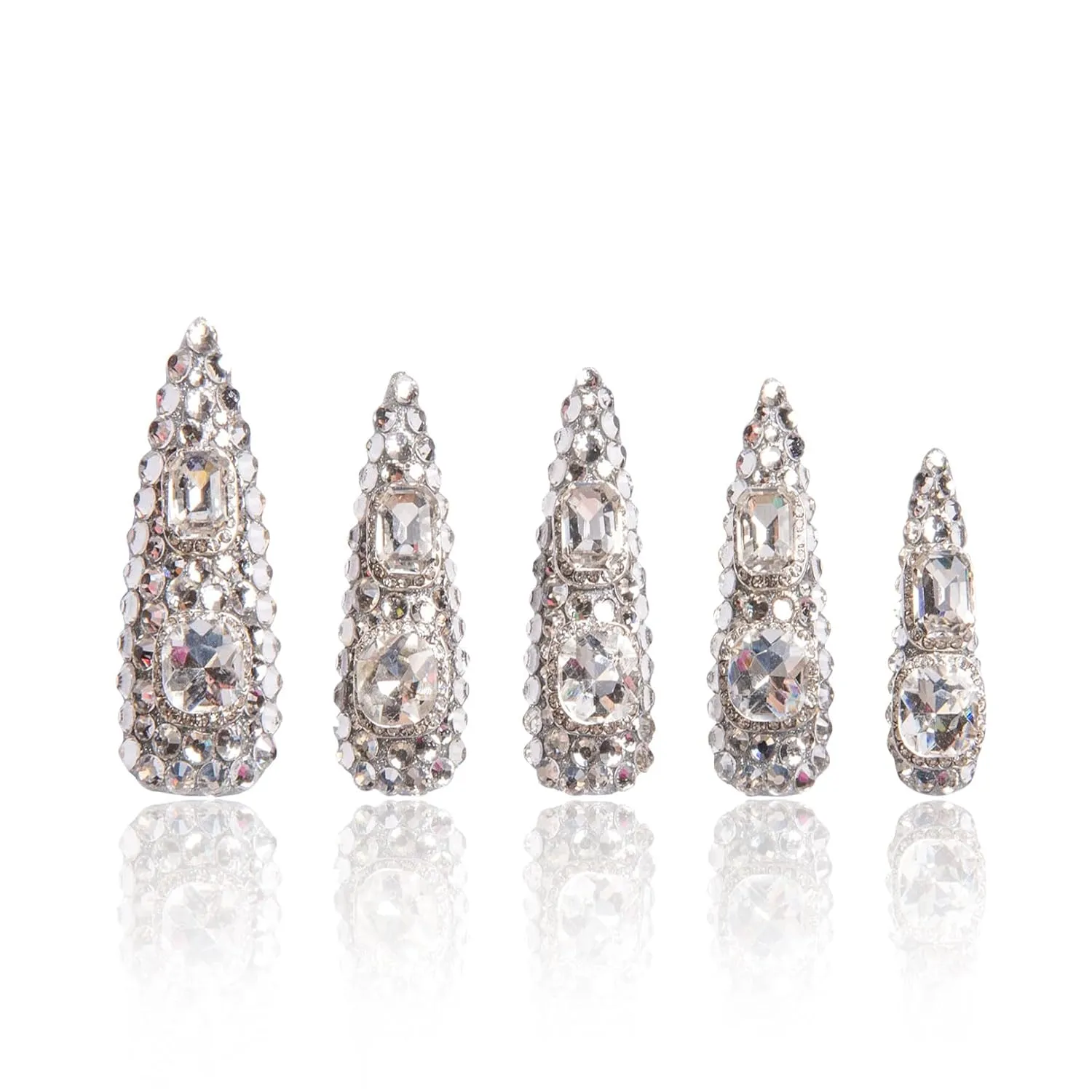 Press on Nails Silver Majesty | Handmade with Full Covered Crystals | Reusable Full Cover Nails | Stiletto Mid Length 1.7 in | H212-M