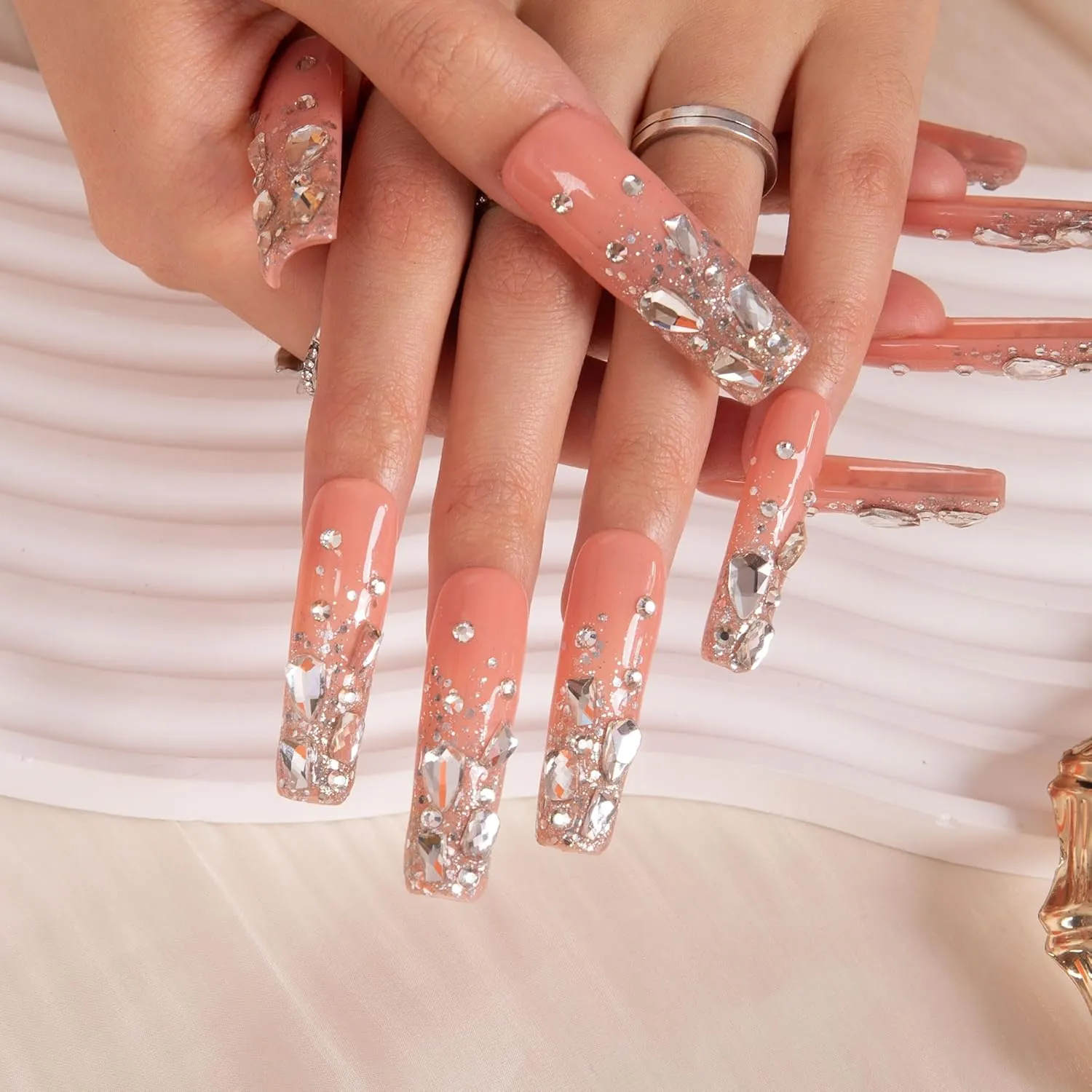 Press on Nails Silver Wind| Handmade with Full Covered Crystals| Reusable Fake Nails| Square Mid length 1.7in| H126-S