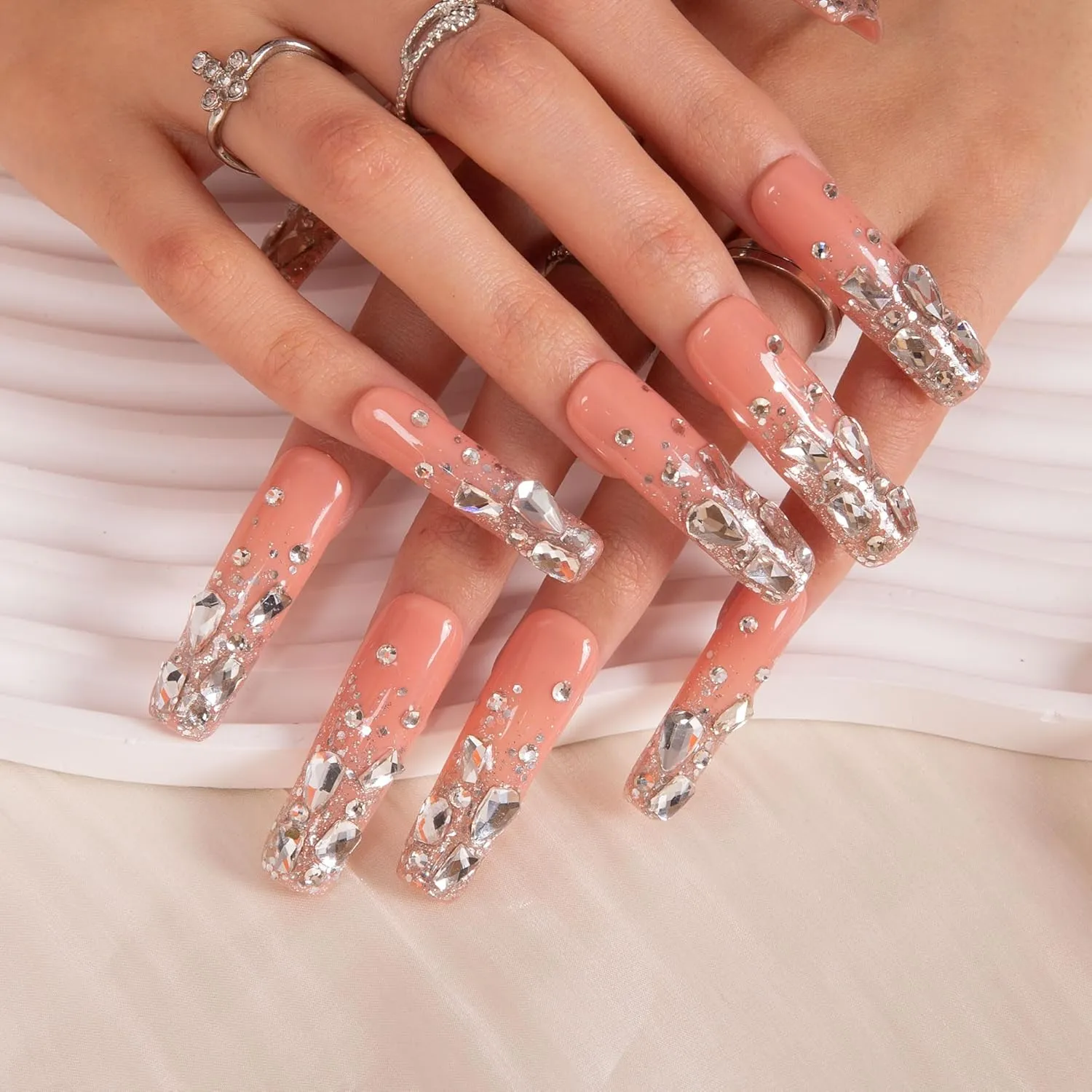 Press on Nails Silver Wind| Handmade with Full Covered Crystals| Reusable Fake Nails| Square Mid length 1.7in| H126-S