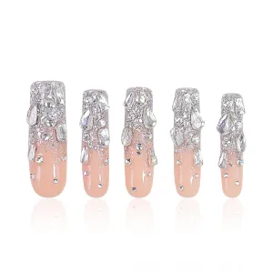 Press on Nails Silver Wind| Handmade with Full Covered Crystals| Reusable Fake Nails| Square Mid length 1.7in| H126-S