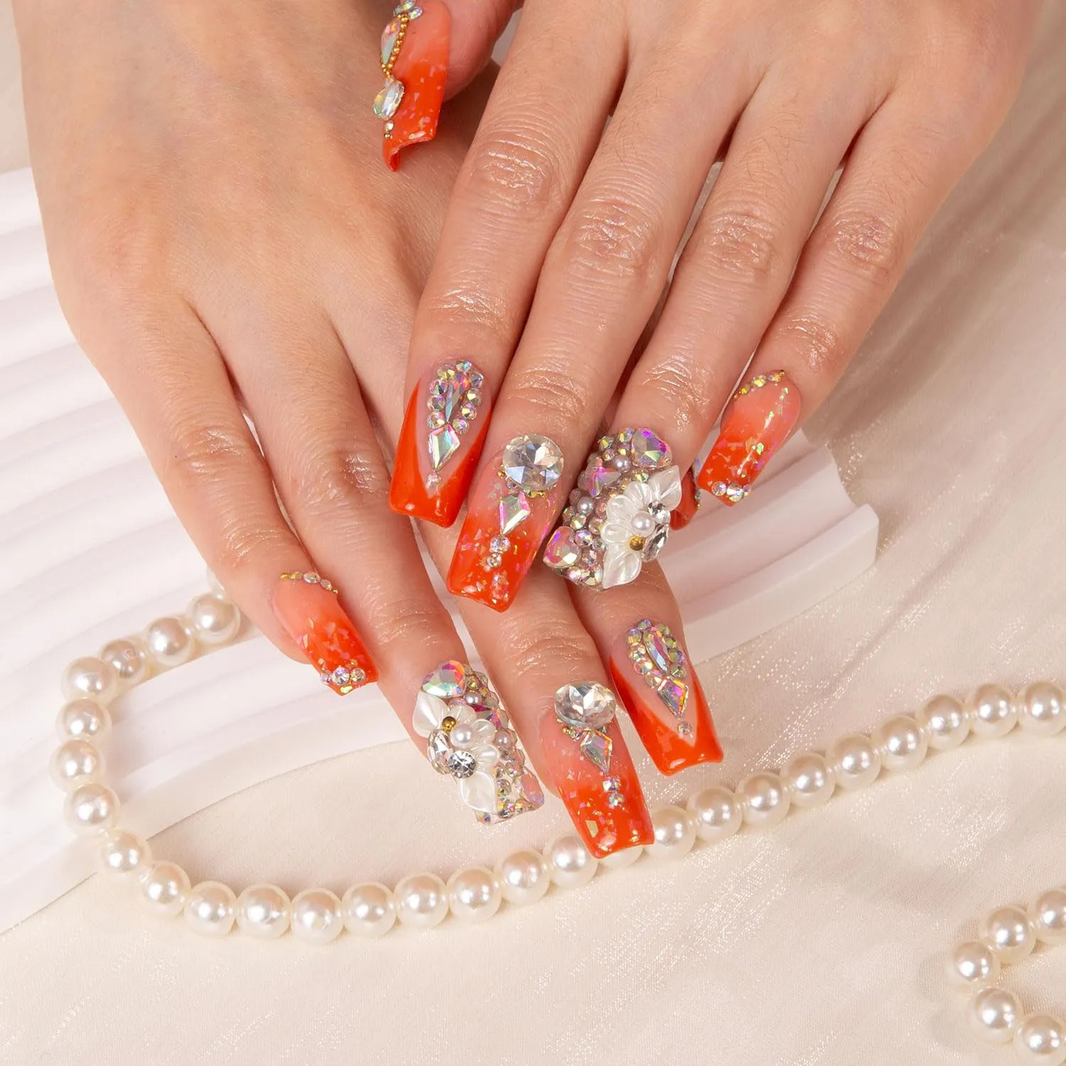 Press on Nails Sleeping Beauty| Handmade with Full Covered Crystals | Reusable Fake Nails | Square Regular 1.0 in | H74M