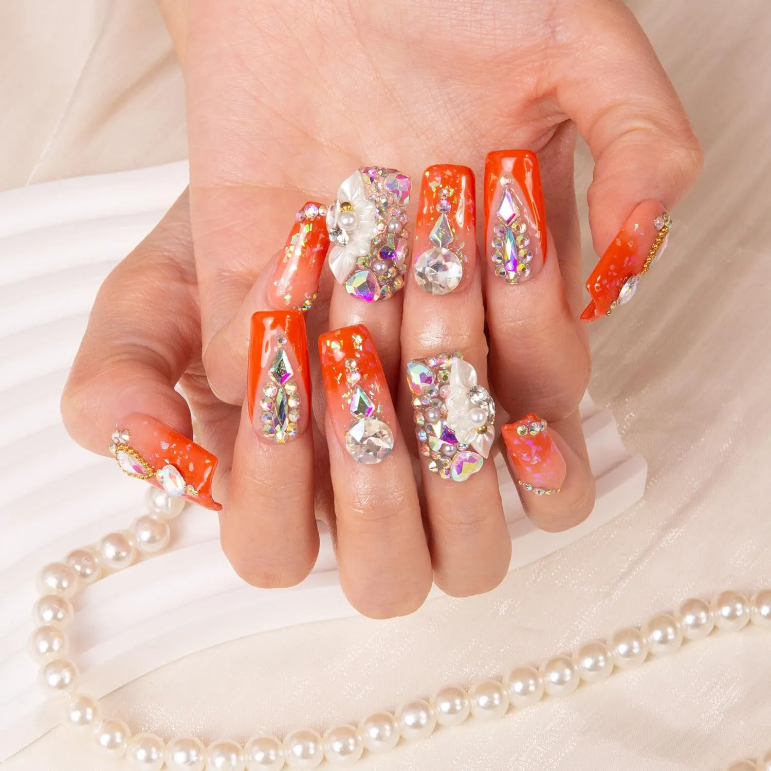Press on Nails Sleeping Beauty| Handmade with Full Covered Crystals | Reusable Fake Nails | Square Regular 1.0 in | H74M