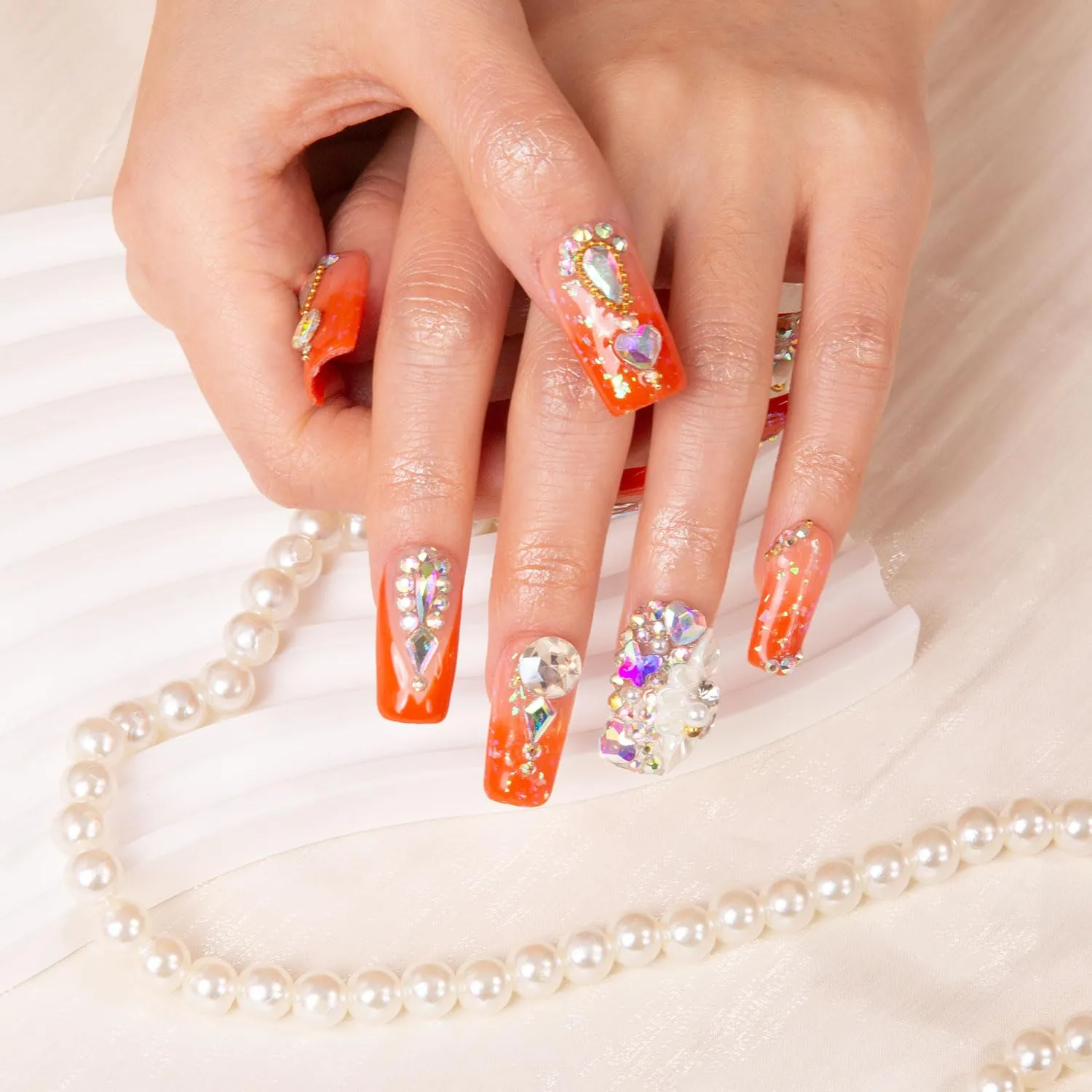 Press on Nails Sleeping Beauty| Handmade with Full Covered Crystals | Reusable Fake Nails | Square Regular 1.0 in | H74M