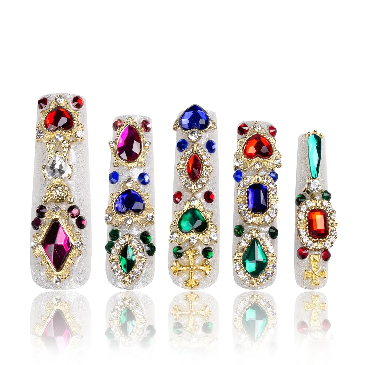 Press on Nails Treasure Trove Rhinestone | Handmade with Full Covered Crystals | Reusable Full Cover Nails | Square Mid length 1.7 in | H103-L
