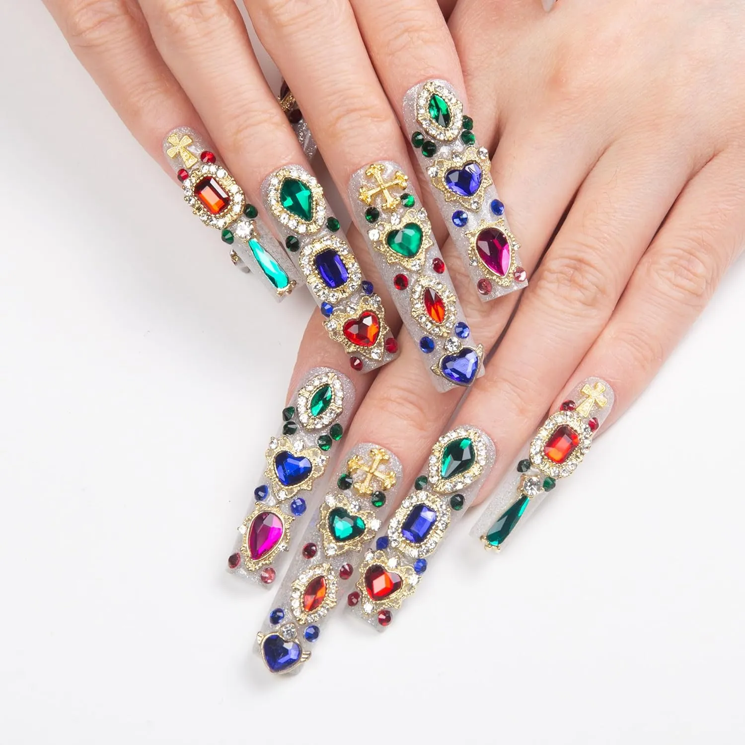 Press on Nails Treasure Trove Rhinestone | Handmade with Full Covered Crystals | Reusable Full Cover Nails | Square Mid length 1.7 in | H103-L