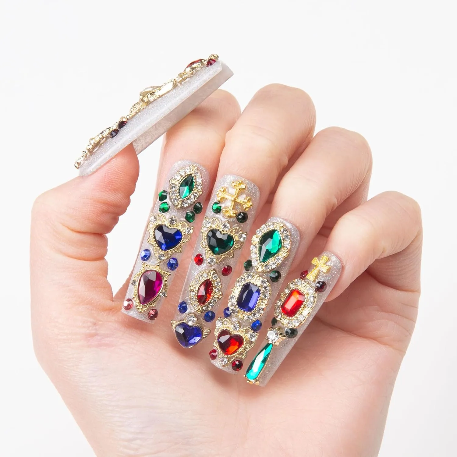 Press on Nails Treasure Trove Rhinestone | Handmade with Full Covered Crystals | Reusable Full Cover Nails | Square Mid length 1.7 in | H103-L