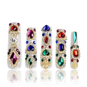 Press on Nails Treasure Trove Rhinestone | Handmade with Full Covered Crystals | Reusable Full Cover Nails | Square Mid length 1.7 in | H103-L