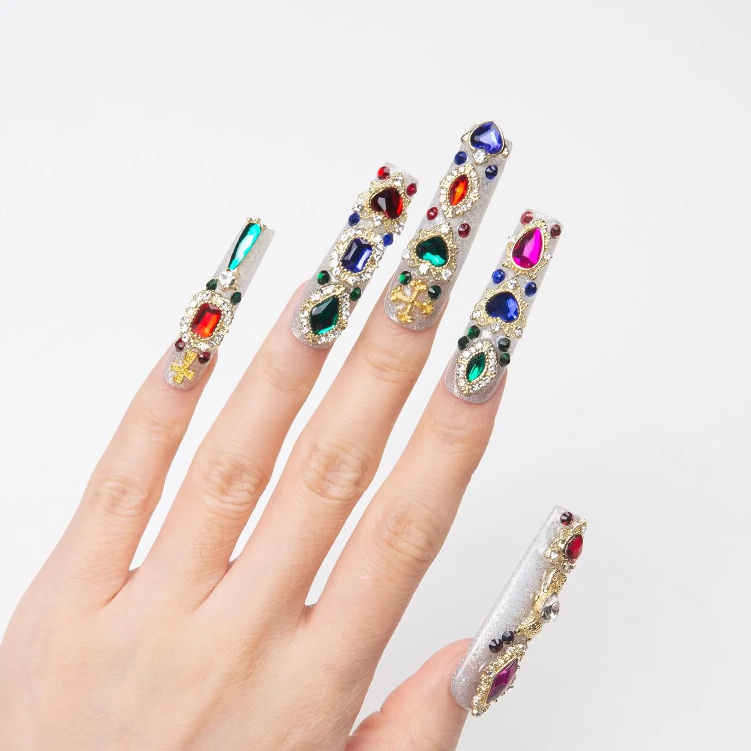 Press on Nails Treasure Trove Rhinestone | Handmade with Full Covered Crystals | Reusable Full Cover Nails | Square Mid length 1.7 in | H103-L
