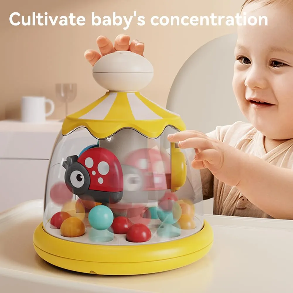 Press Spin Baby Toy Tumble Activity Dome Tumble Top Spinning and Ball Popping Infants Toy Push Spin Carousel Colorful Spinning Faces Activity Learn Cause Effect Toys for 6 Month Plus (Yellow)