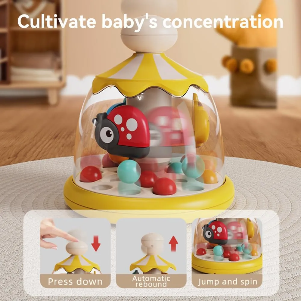 Press Spin Baby Toy Tumble Activity Dome Tumble Top Spinning and Ball Popping Infants Toy Push Spin Carousel Colorful Spinning Faces Activity Learn Cause Effect Toys for 6 Month Plus (Yellow)