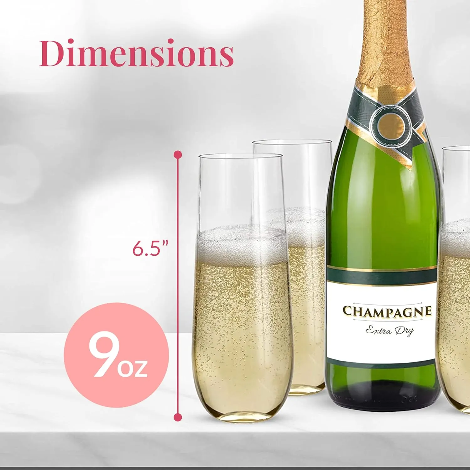 Prestee 24-Pack Stemless Plastic Champagne Flutes - 9 oz Clear Disposable Glasses for Wine, Cocktails, Mimosas - Champagne Flutes Plastic for Parties and Celebrations