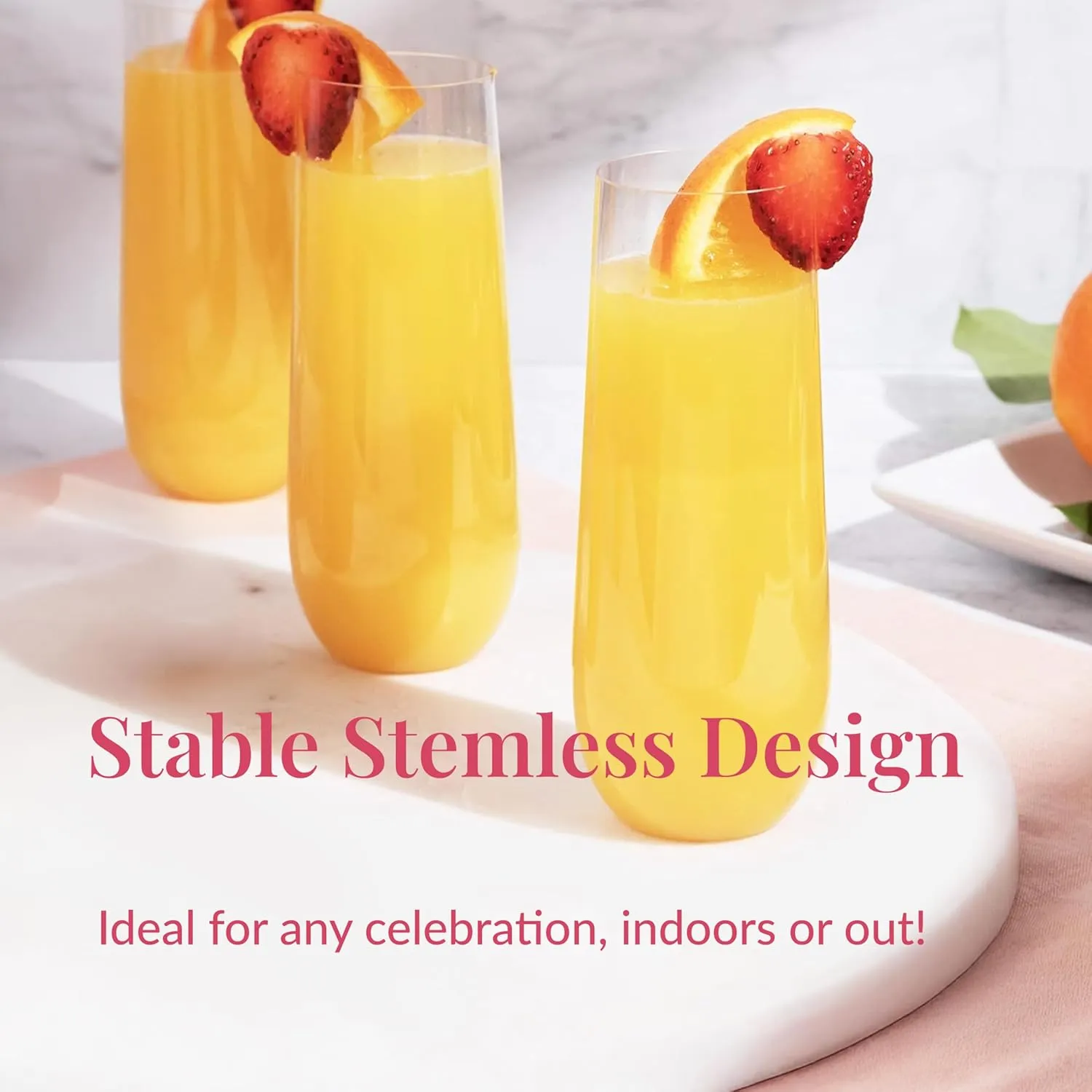 Prestee 24-Pack Stemless Plastic Champagne Flutes - 9 oz Clear Disposable Glasses for Wine, Cocktails, Mimosas - Champagne Flutes Plastic for Parties and Celebrations