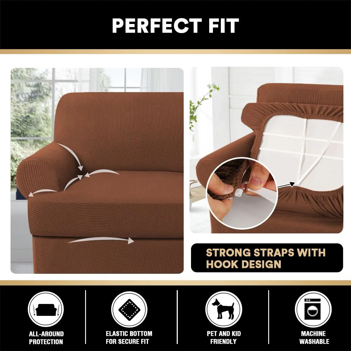 PrinceDeco T Cushion Sofa Slipcover 4 Pieces Sofa Covers for T Cushion Couch Soft Couch Cover (72"-90") Sofa Slip Cover Furniture Covers with 3 Individual T Shape Seat Covers Washable, Caramel