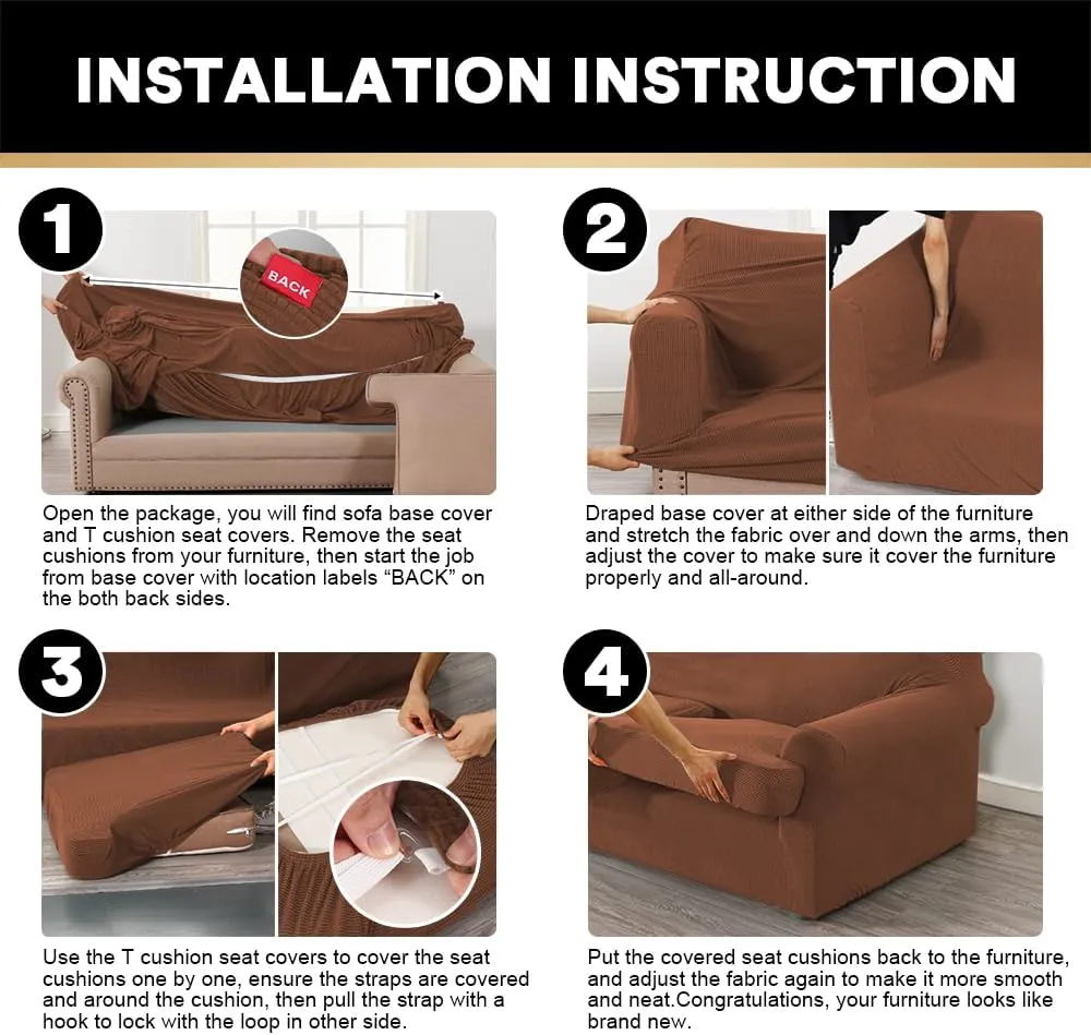 PrinceDeco T Cushion Sofa Slipcover 4 Pieces Sofa Covers for T Cushion Couch Soft Couch Cover (72"-90") Sofa Slip Cover Furniture Covers with 3 Individual T Shape Seat Covers Washable, Caramel