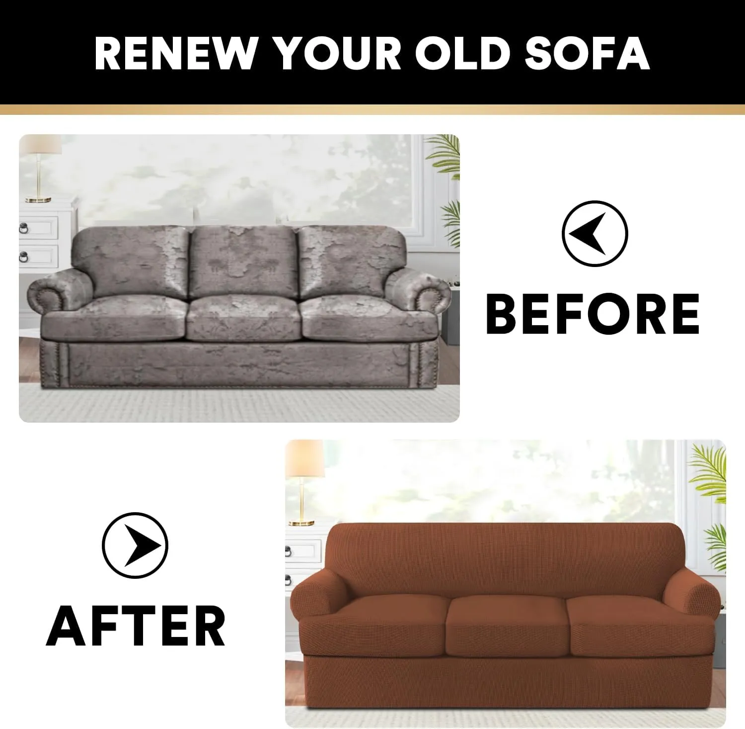PrinceDeco T Cushion Sofa Slipcover 4 Pieces Sofa Covers for T Cushion Couch Soft Couch Cover (72"-90") Sofa Slip Cover Furniture Covers with 3 Individual T Shape Seat Covers Washable, Caramel