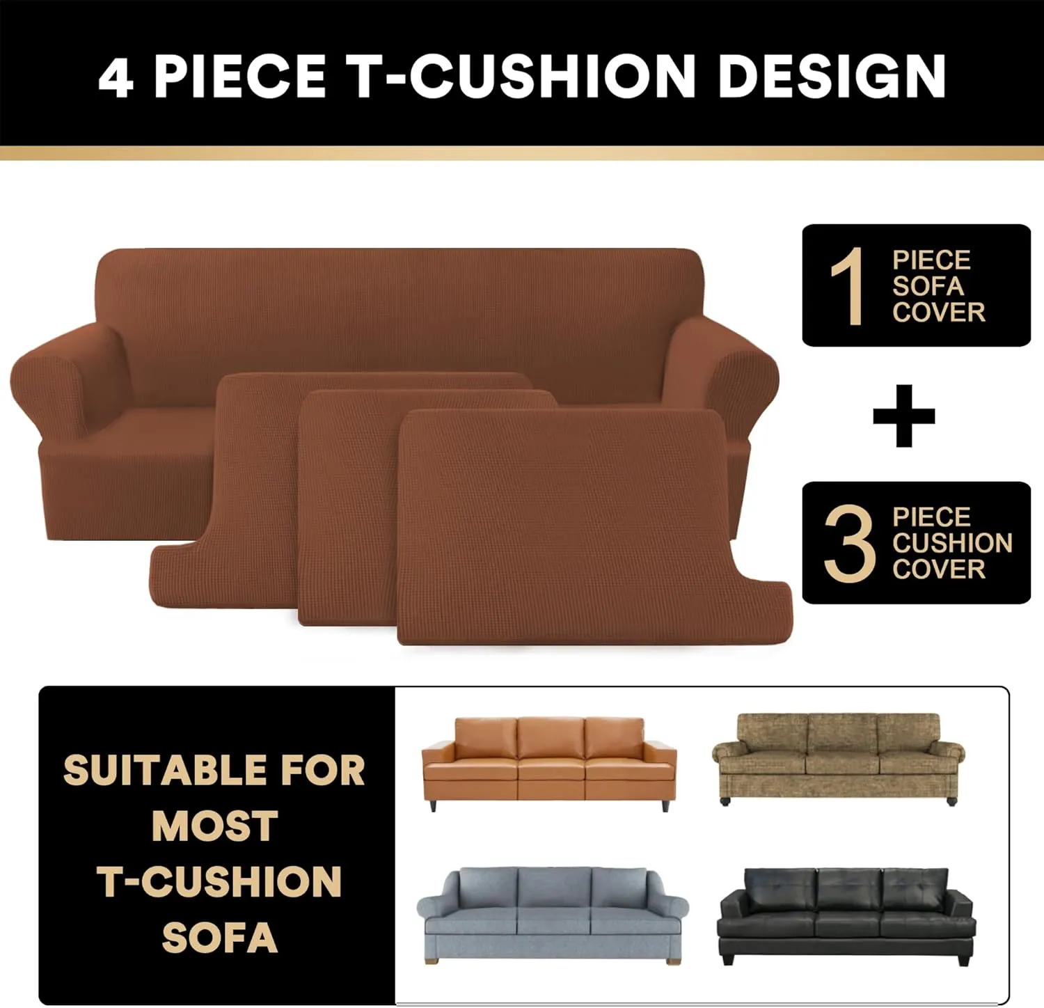 PrinceDeco T Cushion Sofa Slipcover 4 Pieces Sofa Covers for T Cushion Couch Soft Couch Cover (72"-90") Sofa Slip Cover Furniture Covers with 3 Individual T Shape Seat Covers Washable, Caramel
