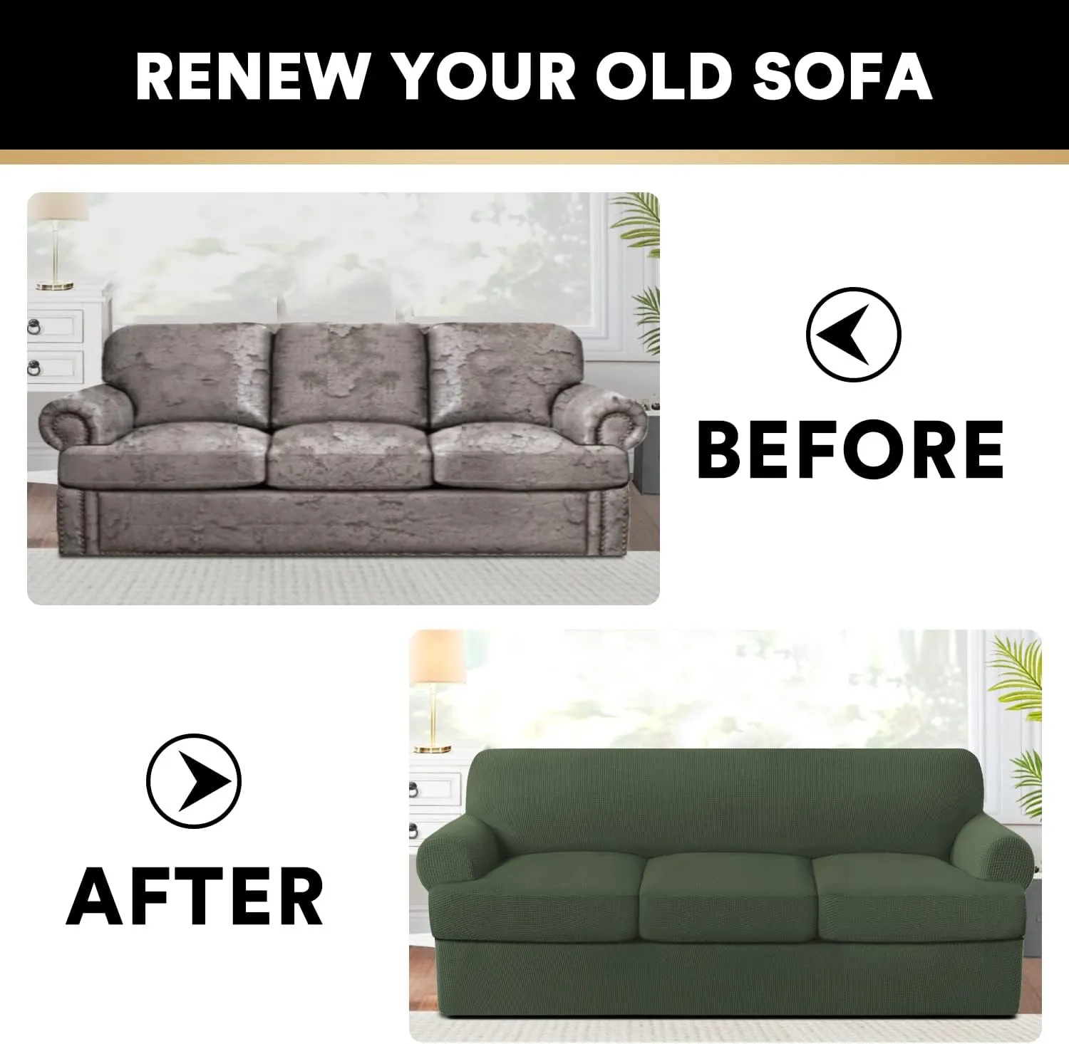 PrinceDeco T Cushion Sofa Slipcover 4 Pieces Sofa Covers for T Cushion Couch Soft Sofa Slip Covers Furniture Protector with 3 Individual T Shape Seat Covers(72"-90"), Bronze Green