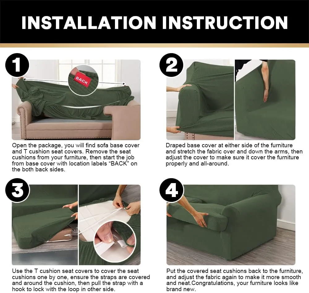 PrinceDeco T Cushion Sofa Slipcover 4 Pieces Sofa Covers for T Cushion Couch Soft Sofa Slip Covers Furniture Protector with 3 Individual T Shape Seat Covers(72"-90"), Bronze Green