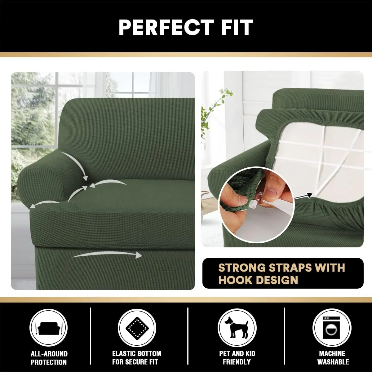 PrinceDeco T Cushion Sofa Slipcover 4 Pieces Sofa Covers for T Cushion Couch Soft Sofa Slip Covers Furniture Protector with 3 Individual T Shape Seat Covers(72"-90"), Bronze Green