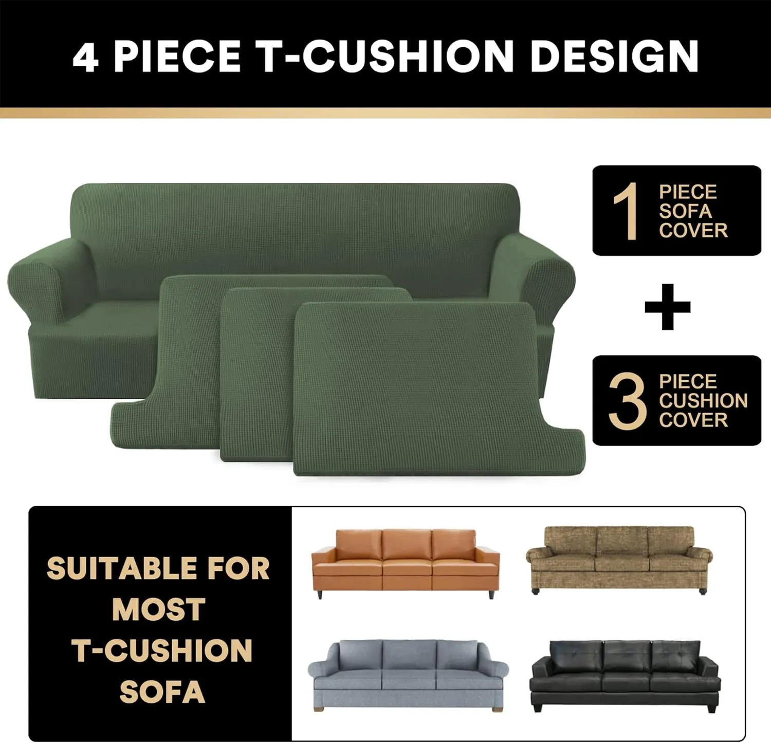 PrinceDeco T Cushion Sofa Slipcover 4 Pieces Sofa Covers for T Cushion Couch Soft Sofa Slip Covers Furniture Protector with 3 Individual T Shape Seat Covers(72"-90"), Bronze Green