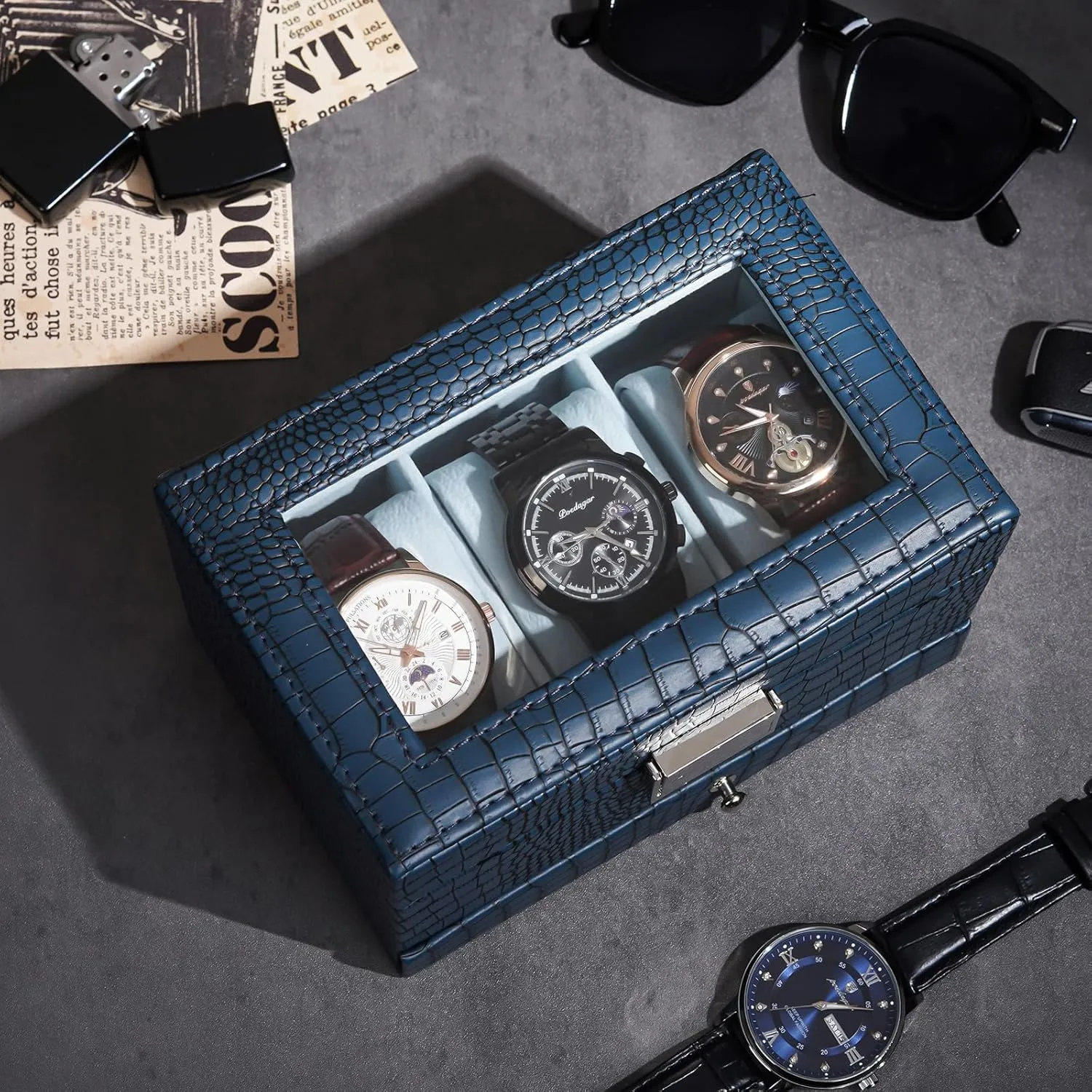 ProCase Watch Box for Men, 3 Slot Watch Display Case with Drawer, Mens Watch Case With Glass Lid, 2-Layer Jewelry and Watch Storage Watch Holder Organizer for Men Women -3 Slot, CrocCobaltBlue