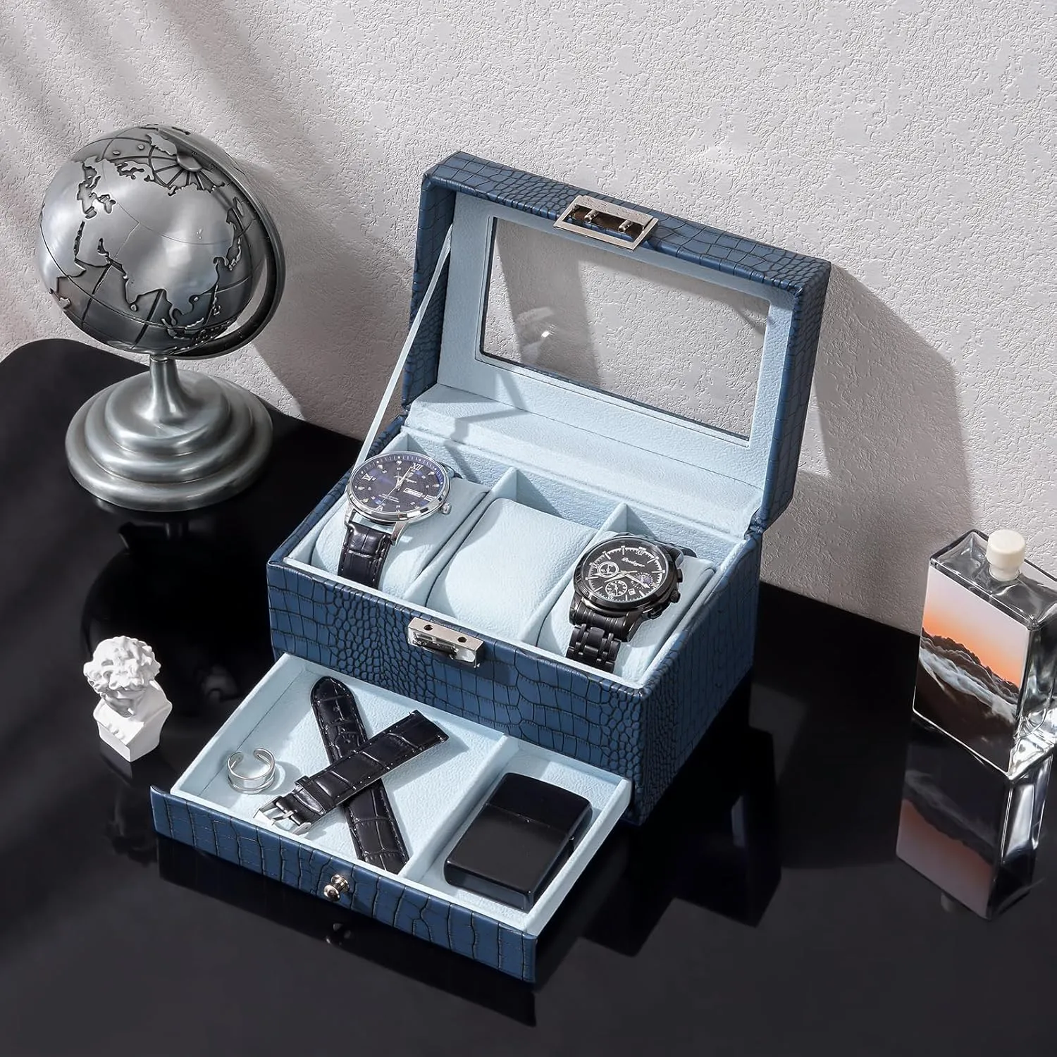 ProCase Watch Box for Men, 3 Slot Watch Display Case with Drawer, Mens Watch Case With Glass Lid, 2-Layer Jewelry and Watch Storage Watch Holder Organizer for Men Women -3 Slot, CrocCobaltBlue
