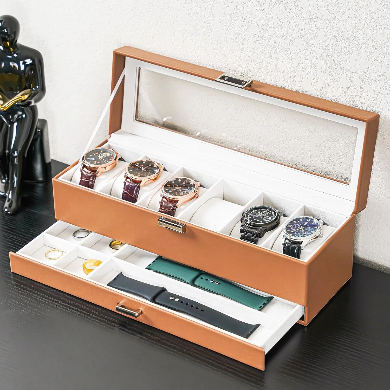 ProCase Watch Box for Men, 6 Slot Watch Display Case with Drawer, Mens Watch Case With Glass Lid, 2-Layer Jewelry and Watch Storage Watch Holder Organizer for Men Women -6 Slot, Khaki
