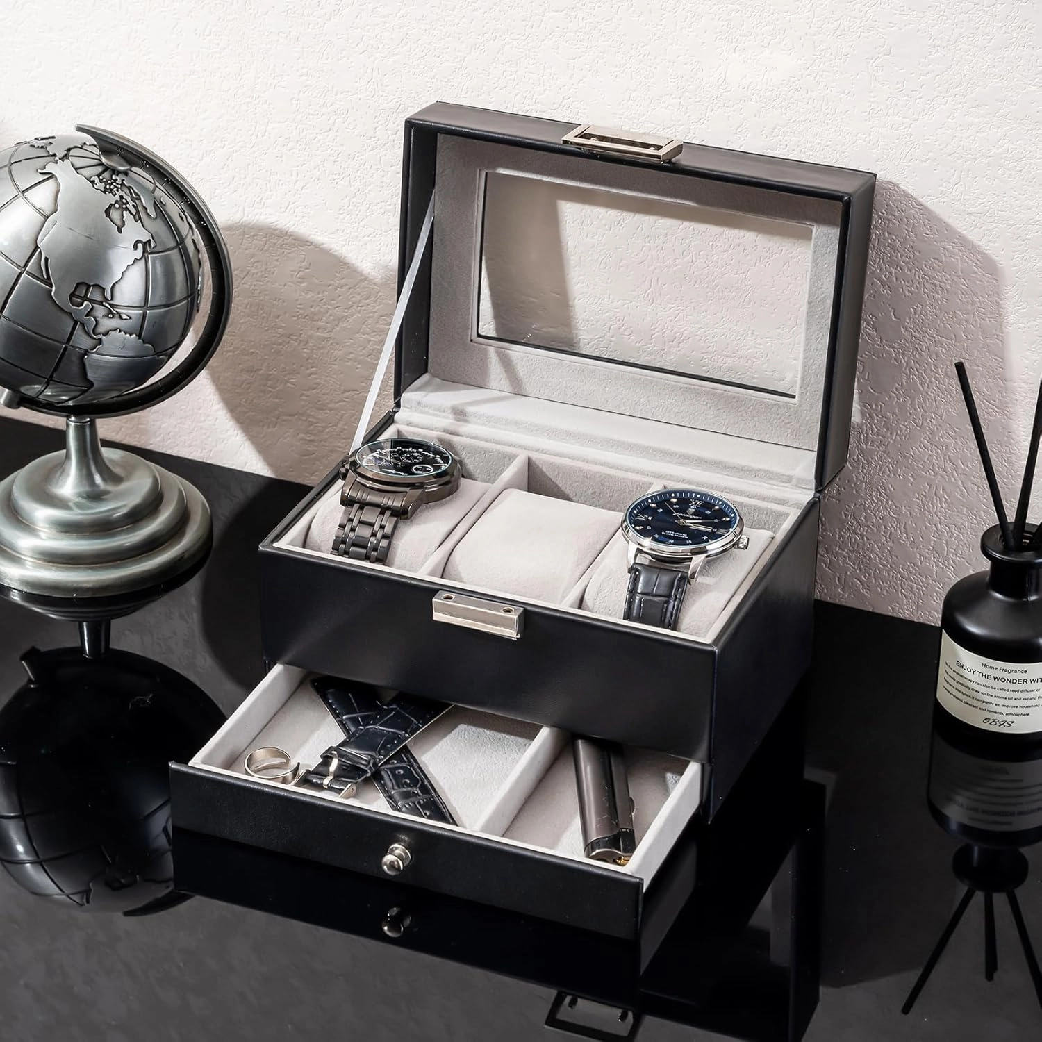 ProCase Men's 3-Slot Watch Display Case with Drawer, Black