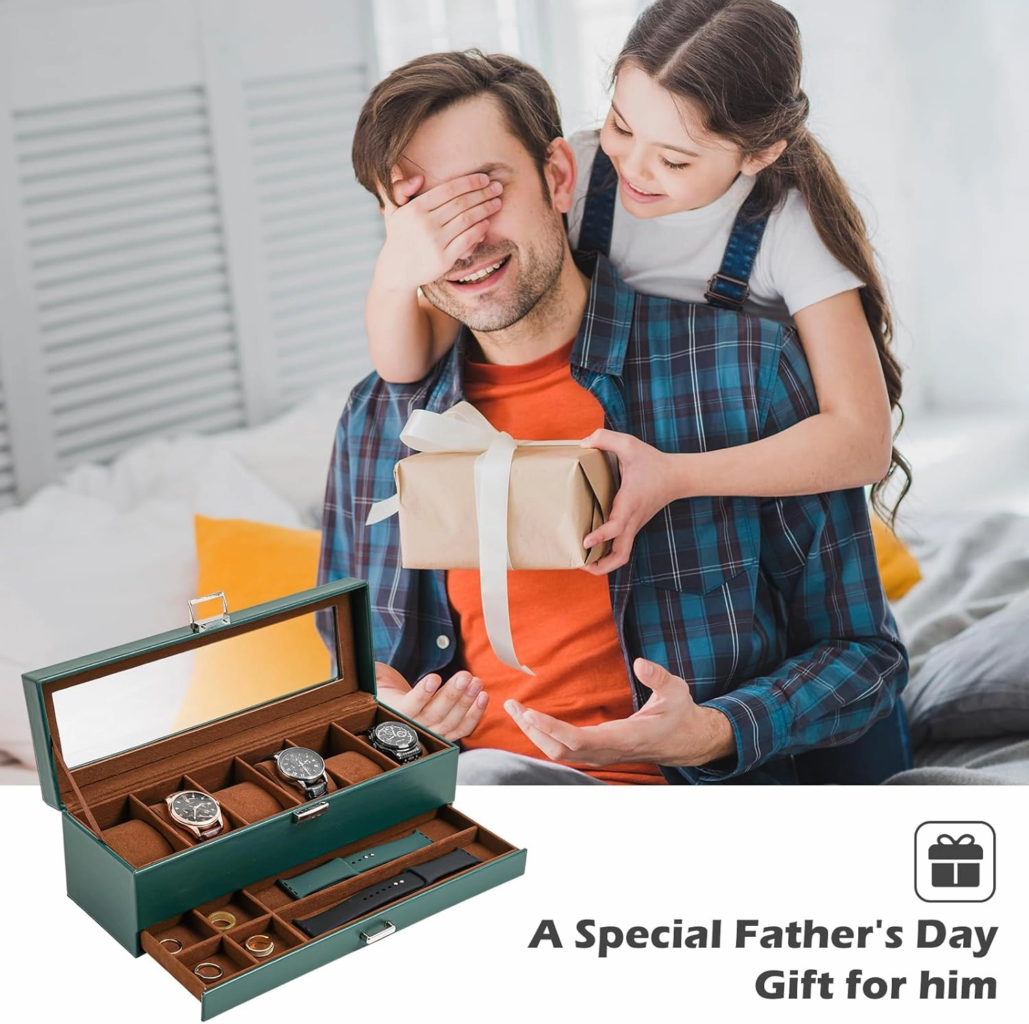 ProCase Men's Watch Box - 6 Slot Display Case with Drawer, Glass Lid, 2-Layer Jewelry & Watch Storage - Midnight Green