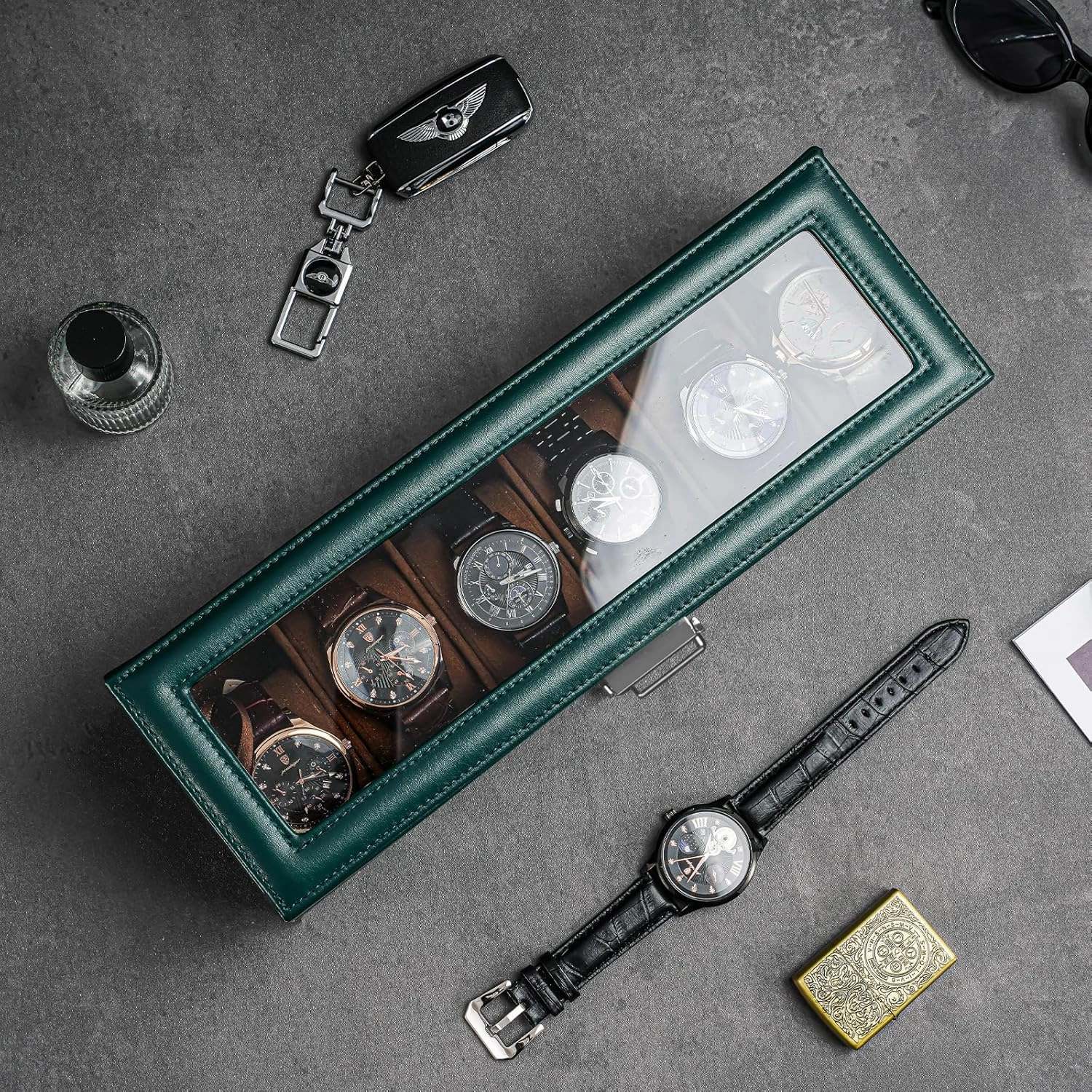 ProCase Men's Watch Box - 6 Slot Display Case with Drawer, Glass Lid, 2-Layer Jewelry & Watch Storage - Midnight Green