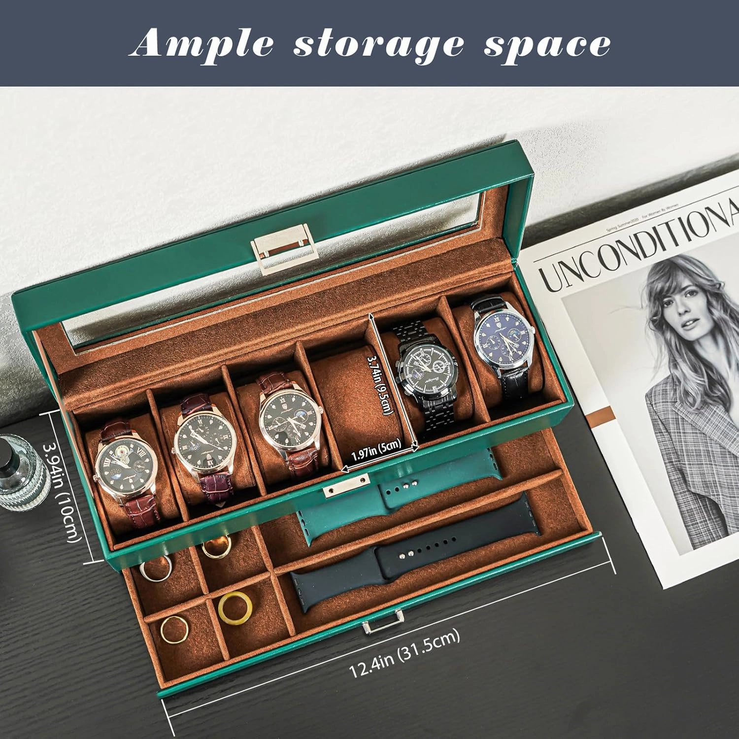 ProCase Men's Watch Box - 6 Slot Display Case with Drawer, Glass Lid, 2-Layer Jewelry & Watch Storage - Midnight Green