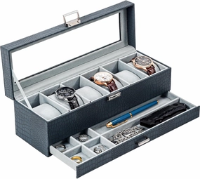 ProCase Watch Box for Men, 6 Slot Watch Display Case with Drawer, Mens Watch Case With Glass Lid, 2-Layer Jewelry and Watch Storage Watch Holder Organizer for Men Women -6 Slot, CrocCobaltBlue