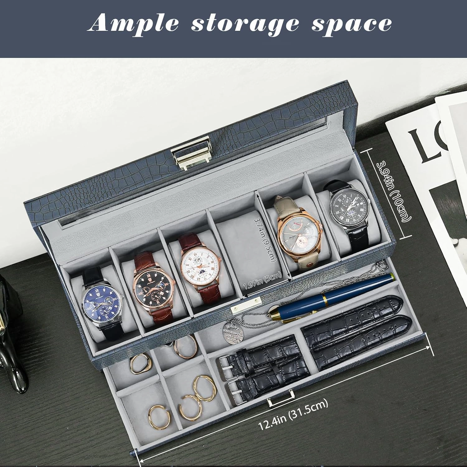 ProCase Watch Box for Men, 6 Slot Watch Display Case with Drawer, Mens Watch Case With Glass Lid, 2-Layer Jewelry and Watch Storage Watch Holder Organizer for Men Women -6 Slot, CrocCobaltBlue