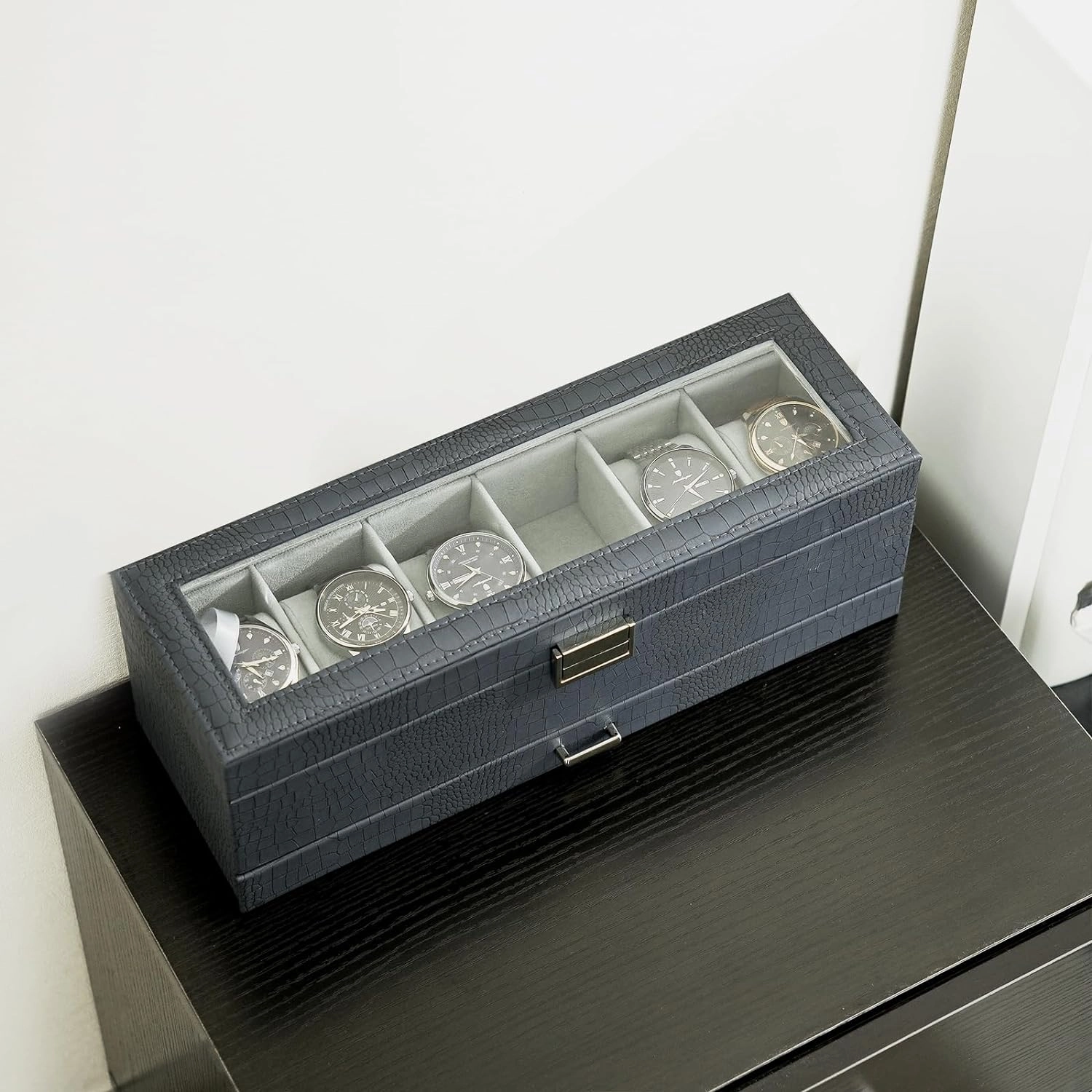 ProCase Watch Box for Men, 6 Slot Watch Display Case with Drawer, Mens Watch Case With Glass Lid, 2-Layer Jewelry and Watch Storage Watch Holder Organizer for Men Women -6 Slot, CrocCobaltBlue