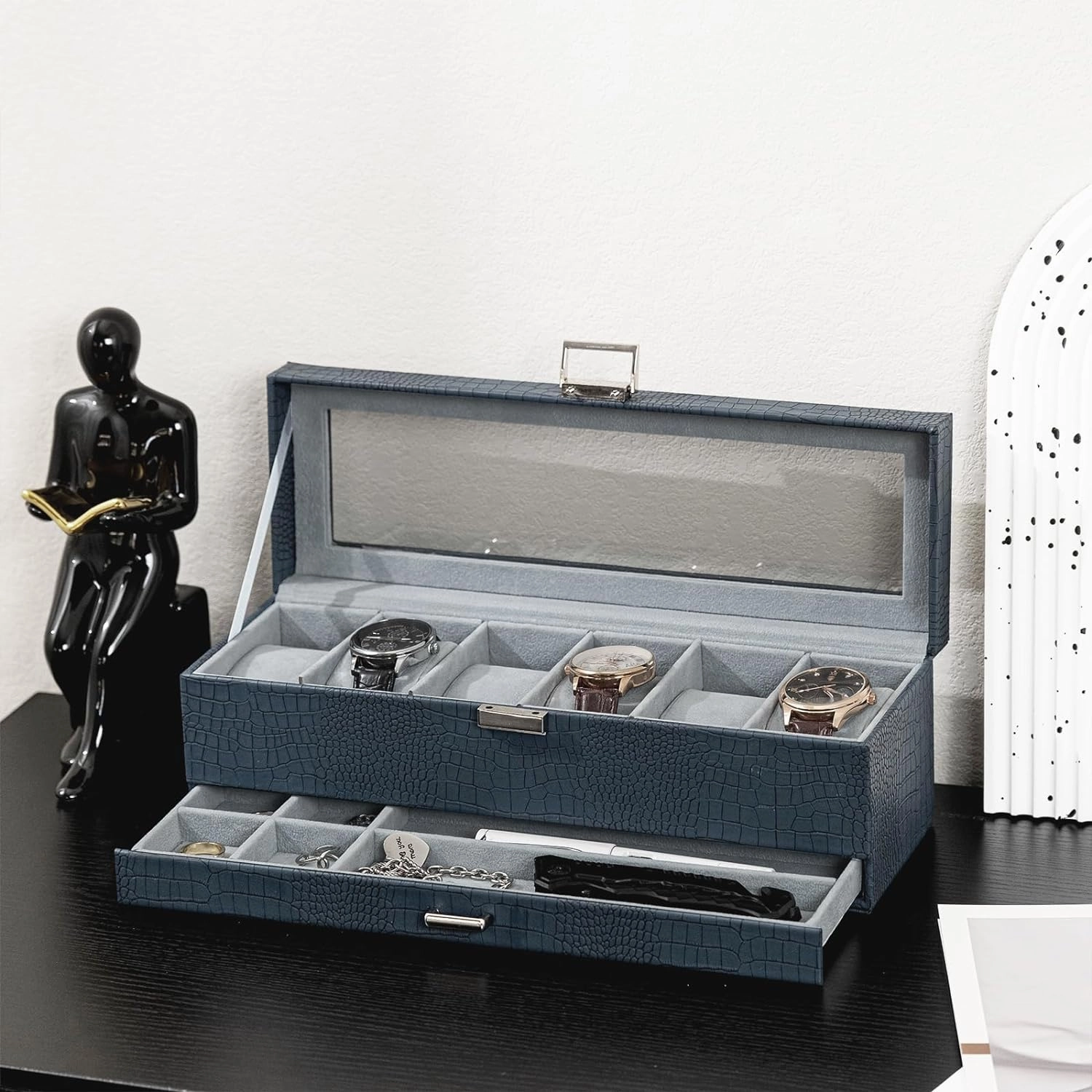 ProCase Watch Box for Men, 6 Slot Watch Display Case with Drawer, Mens Watch Case With Glass Lid, 2-Layer Jewelry and Watch Storage Watch Holder Organizer for Men Women -6 Slot, CrocCobaltBlue