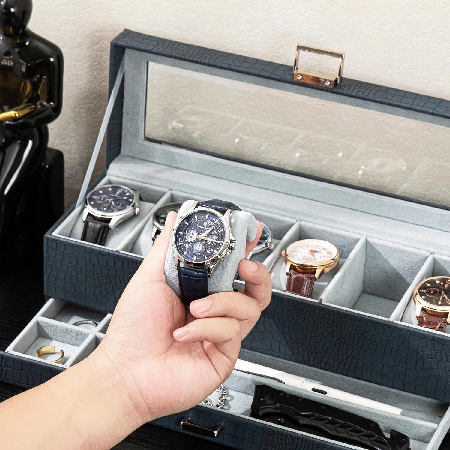 ProCase Watch Box for Men, 6 Slot Watch Display Case with Drawer, Mens Watch Case With Glass Lid, 2-Layer Jewelry and Watch Storage Watch Holder Organizer for Men Women -6 Slot, CrocCobaltBlue