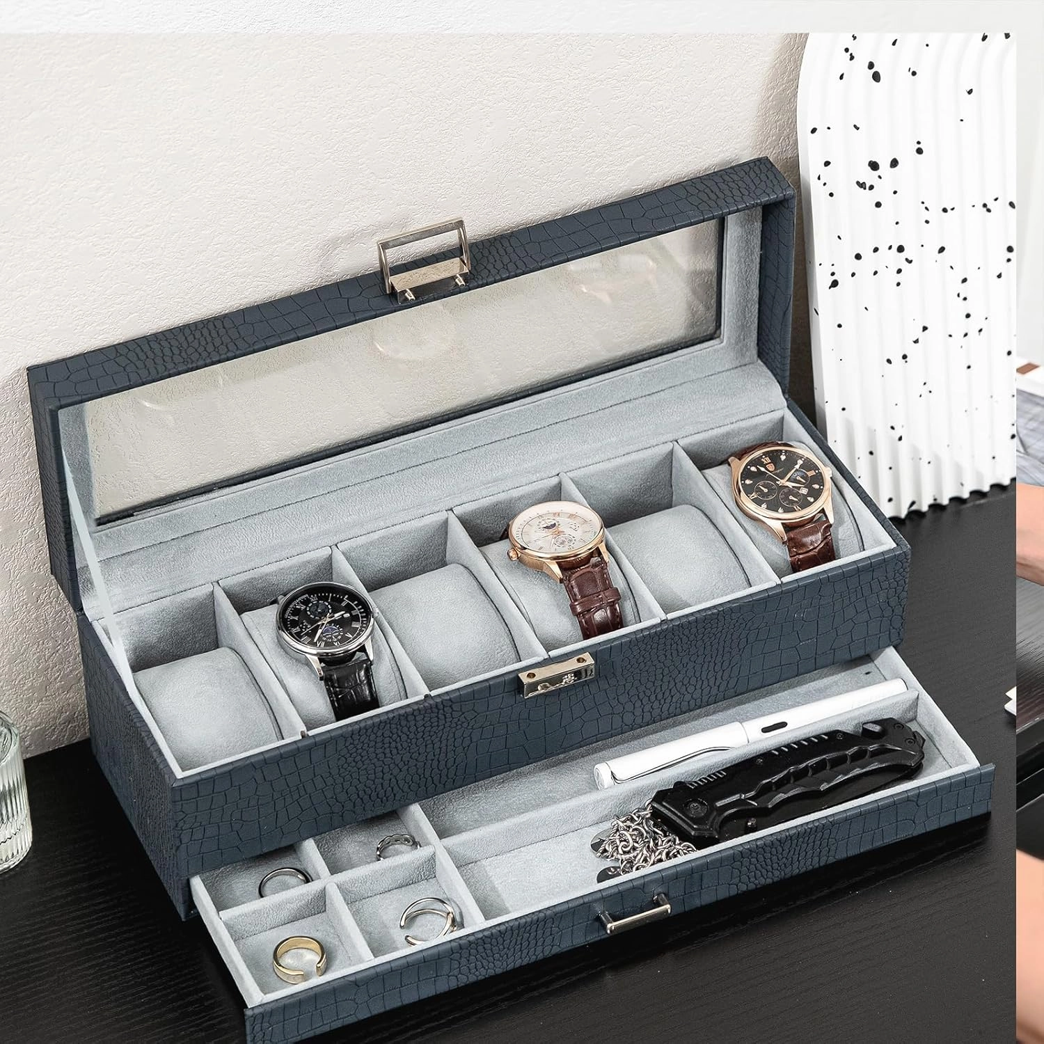 ProCase Watch Box for Men, 6 Slot Watch Display Case with Drawer, Mens Watch Case With Glass Lid, 2-Layer Jewelry and Watch Storage Watch Holder Organizer for Men Women -6 Slot, CrocCobaltBlue