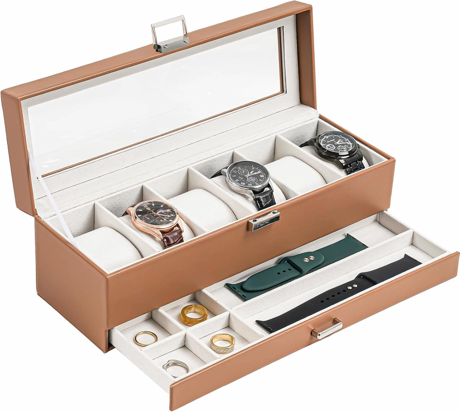ProCase Watch Box for Men, 6 Slot Watch Display Case with Drawer, Mens Watch Case With Glass Lid, 2-Layer Jewelry and Watch Storage Watch Holder Organizer for Men Women -6 Slot, Khaki