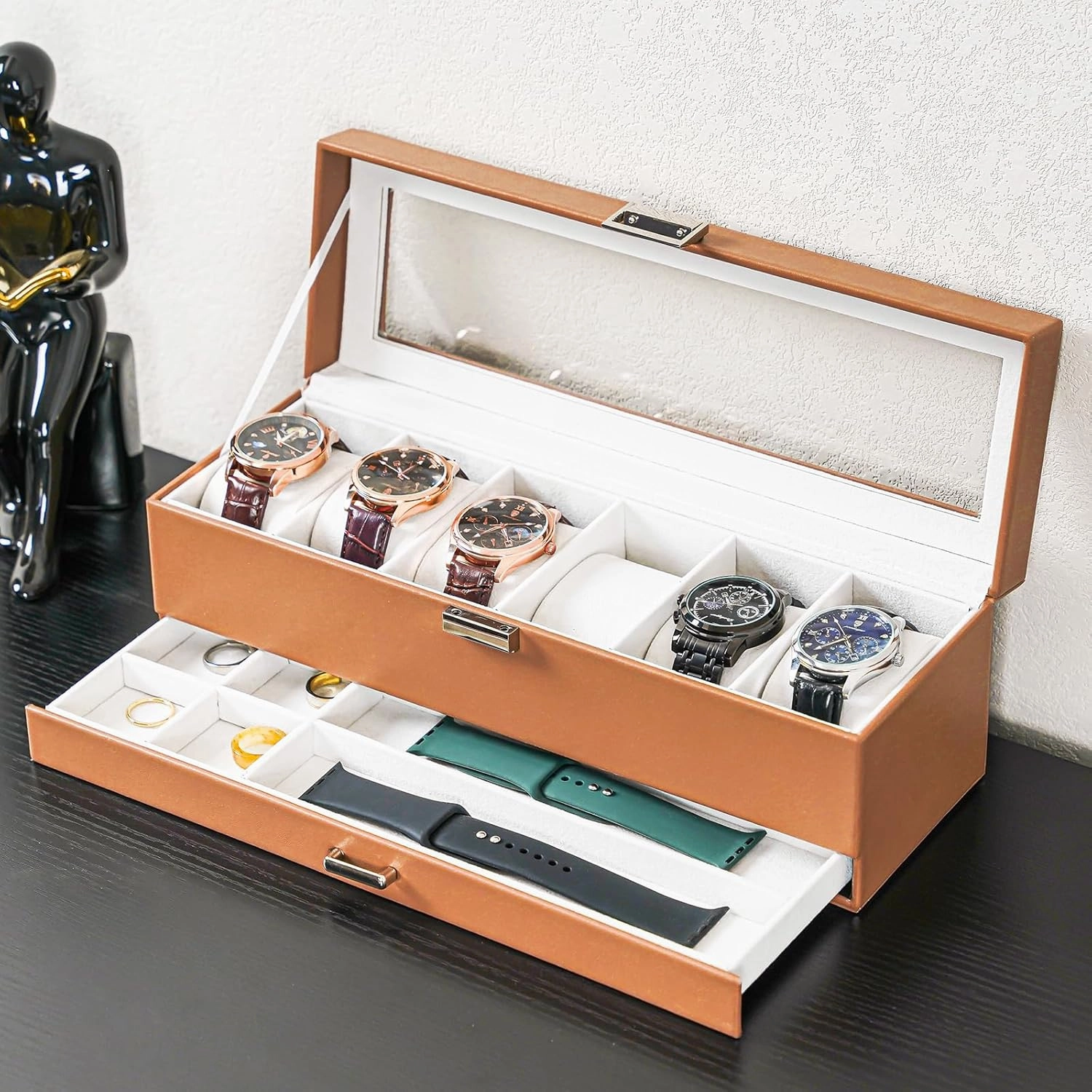 ProCase Watch Box for Men, 6 Slot Watch Display Case with Drawer, Mens Watch Case With Glass Lid, 2-Layer Jewelry and Watch Storage Watch Holder Organizer for Men Women -6 Slot, Khaki