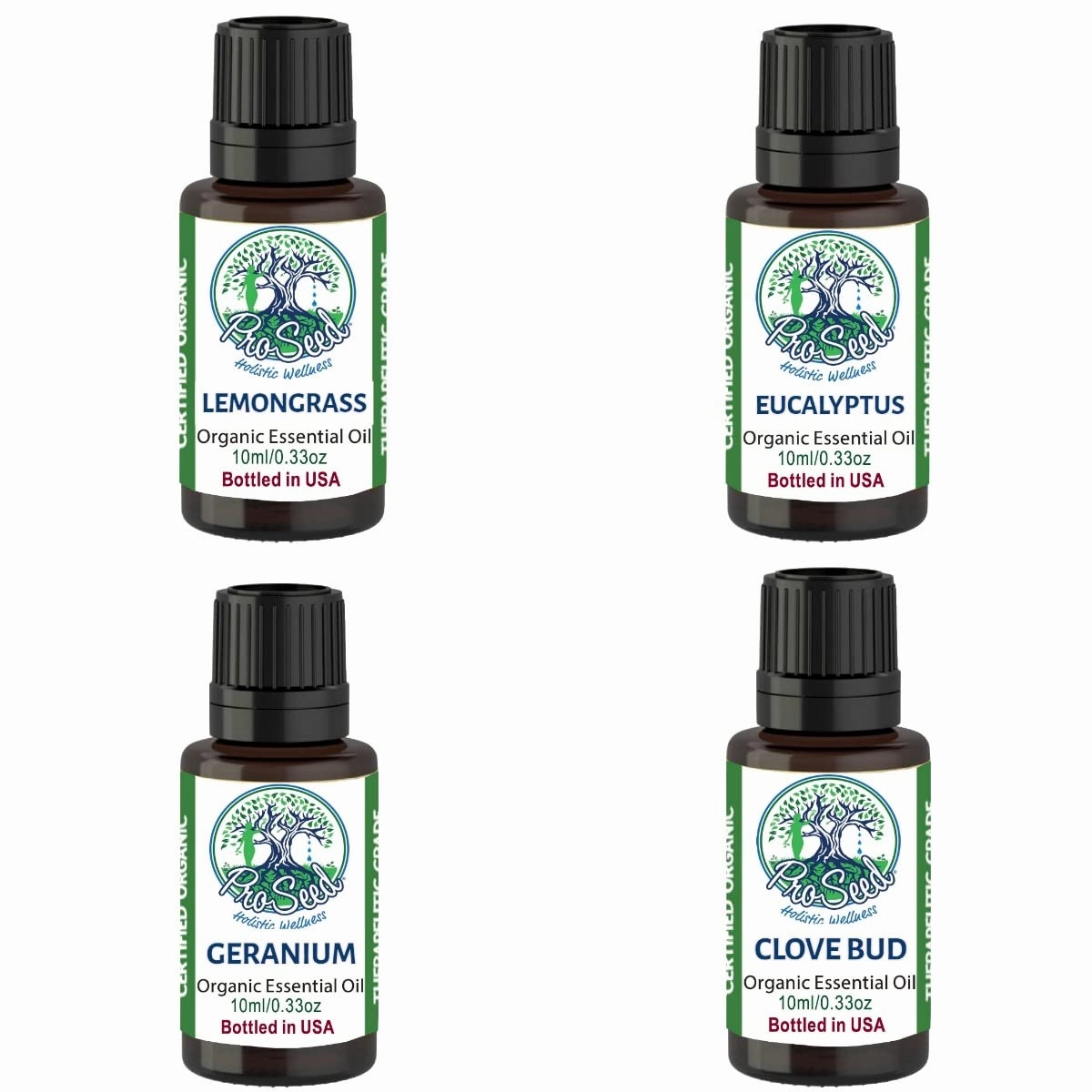 ProSeed Handmade Olfactory Smell Training Kit – Aromatherapy Set with 4 Reusable Inhalers & Full-Size Organic Essential Oils: Lemongrass, Eucalyptus, Geranium, Clove Bud – NAHA Certified Brand